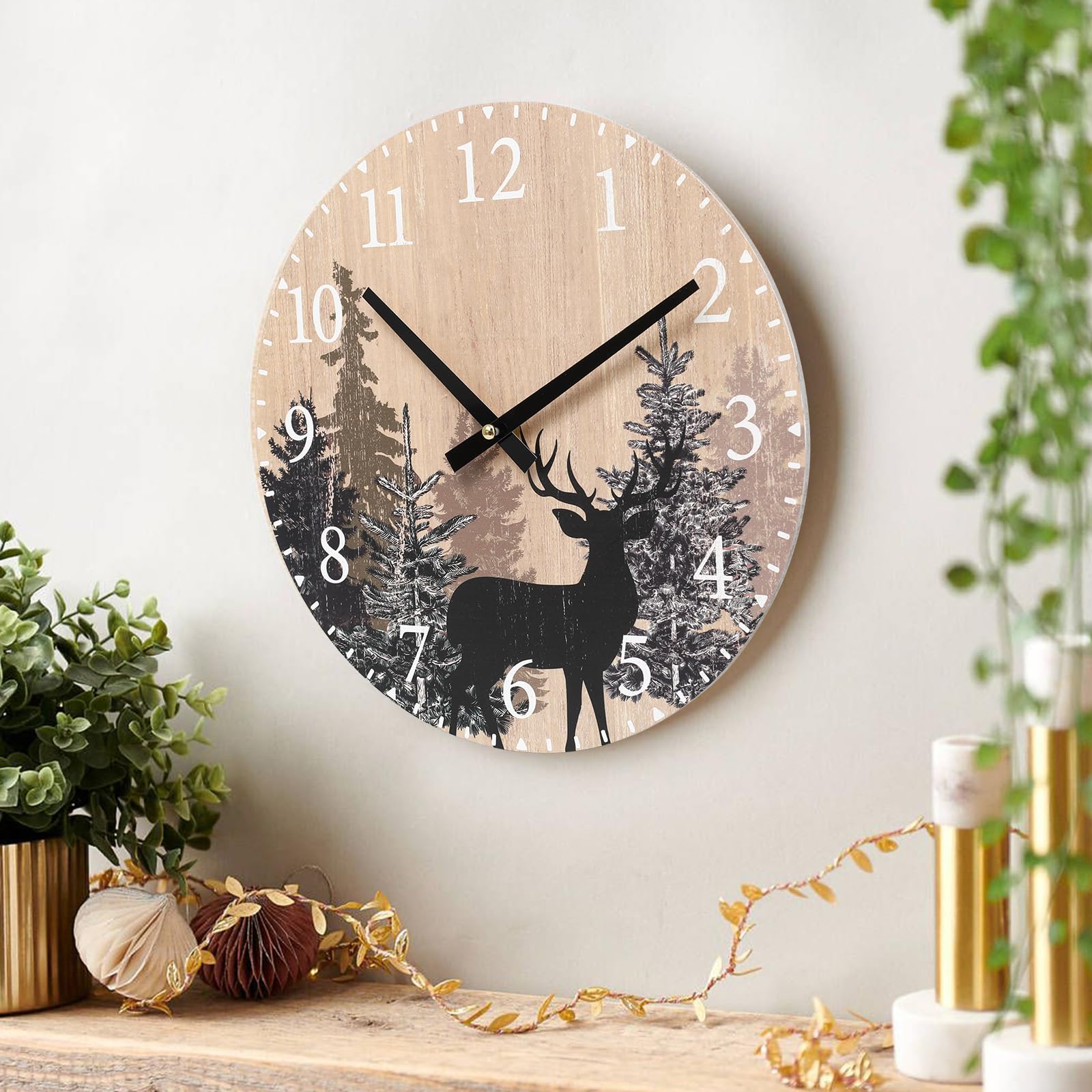 SwallowLiving Cabin Deer Wall Clock 12 Inch Silent Non Ticking Clock Wooden Forest Wildlife Mountain Lodge Wall Clock Battery Op