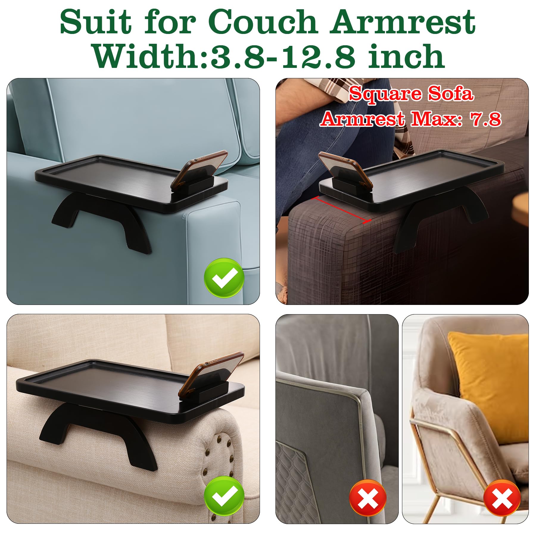 Bambootray Couch Arm Table,Sofa Clip On Tray For Armrest Tray With Phone Holder,Couch Table For Living Room Bedroom (Large Black