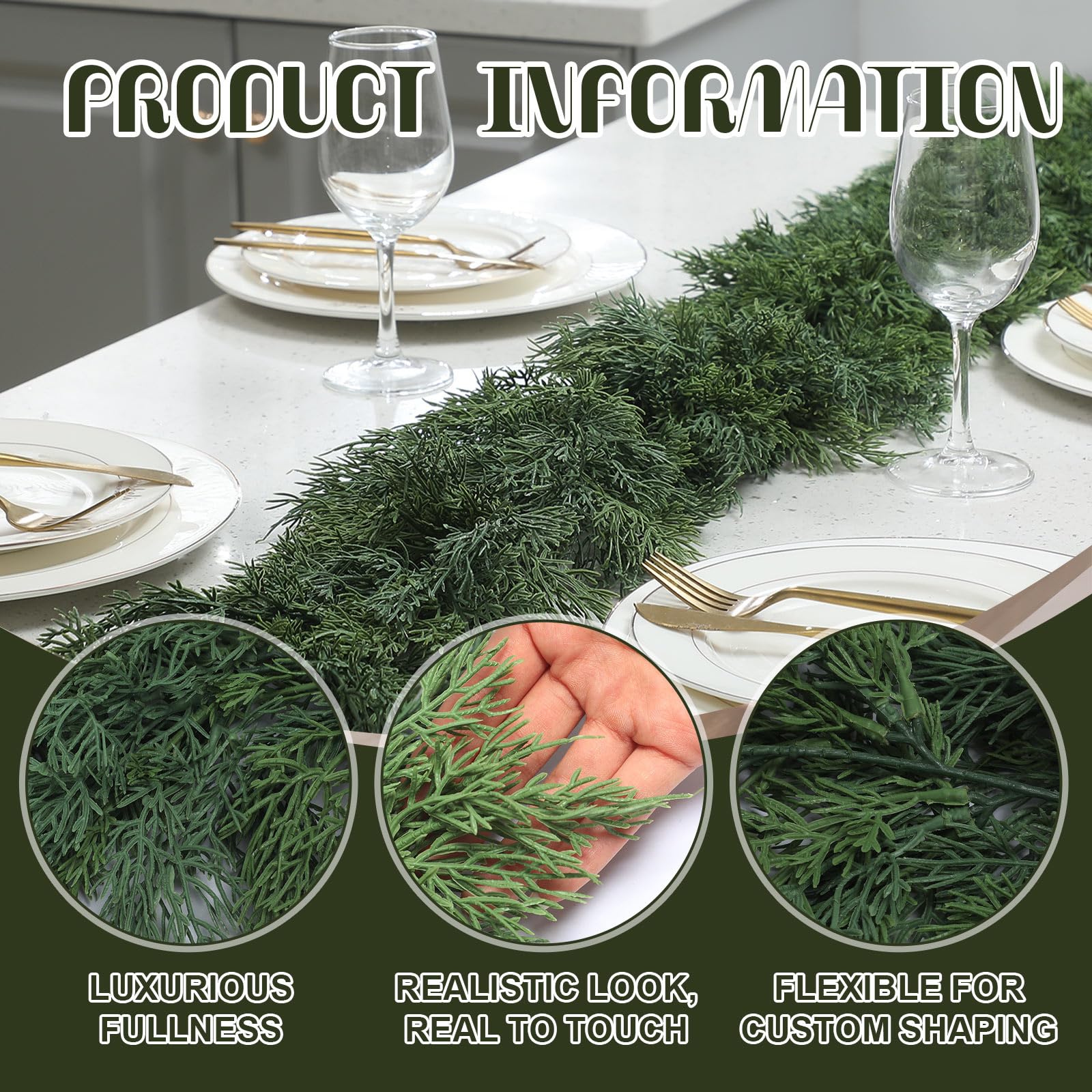 Dingion 1 Pcs 6 ft Christmas Cedar Garland - Artificial Realistic Green Faux Cedar Pine Garland Soft and Thick for Home Table, M