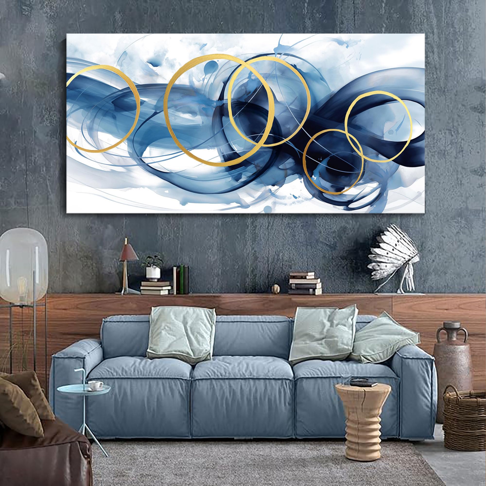 Hkdgoka Abstract Wall Art Living Room - Large Canvas Gold Blue Gradient Canvas Paintings Wall Artwork Modern Office Bedroom Pict