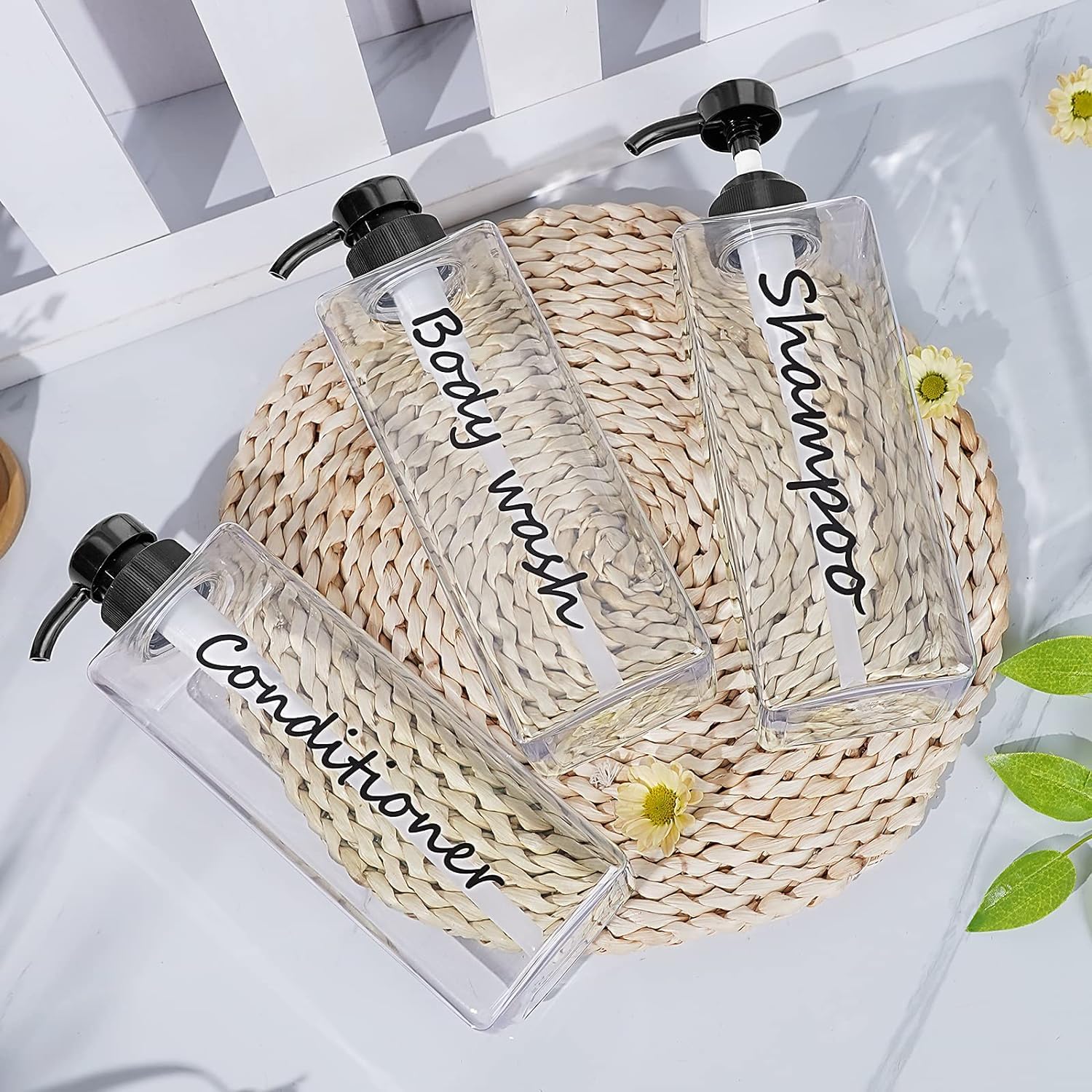 21Oz Shampoo Dispenser - Refillable Shampoo And Conditioner Bottles (Clear, Set Of 3) - Modern Shampoo Bottles For Shower Soap -