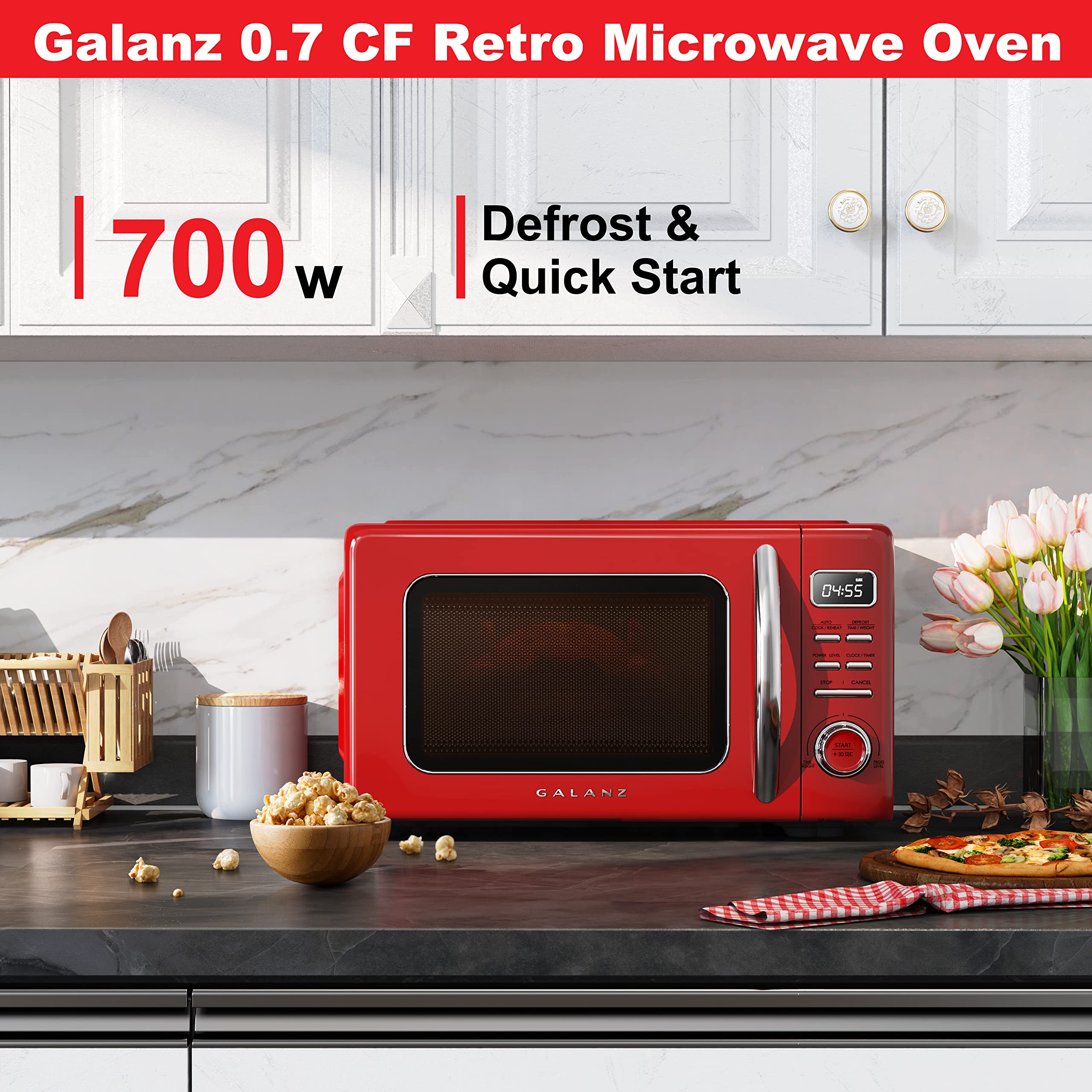 Galanz GLCMKZ07RDR07 Retro Countertop Microwave Oven with Auto Cook & Reheat, Defrost, Quick Start Functions, Easy Clean with Gl
