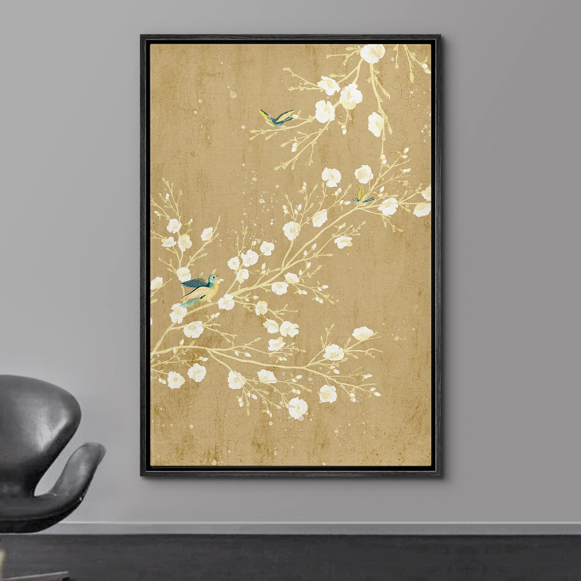 Wall26 Framed Canvas Print Wall Art Pastel Blooming Flower Tree & Birds Nature Wilderness Illustrations Modern Art Decorative Ru