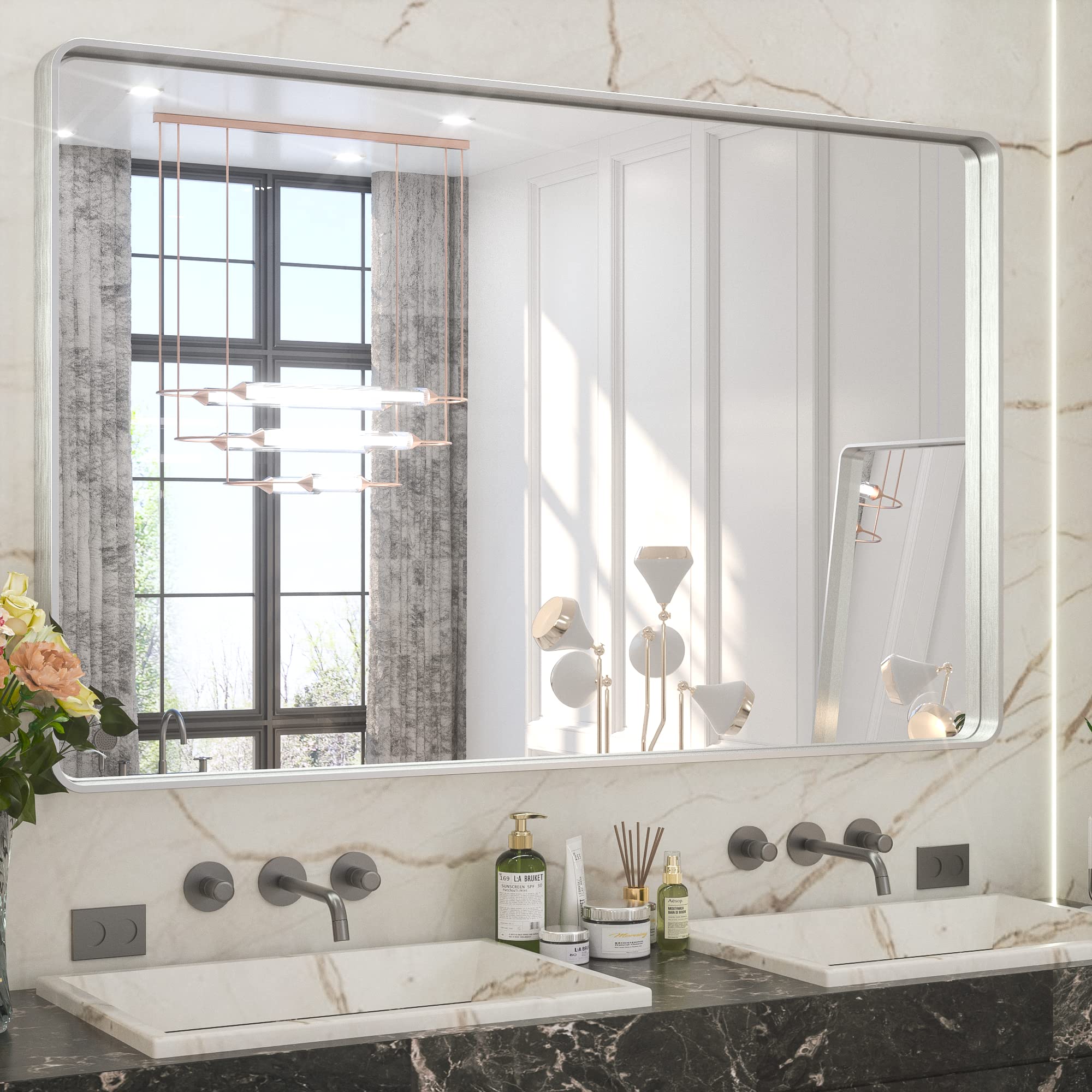 Tetote 48X30 Inch Bathroom Vanity Mirror, Silver Framed Brushed Nickel Modern Farmhouse Decorative Rectangle Entryway Wall Mirro