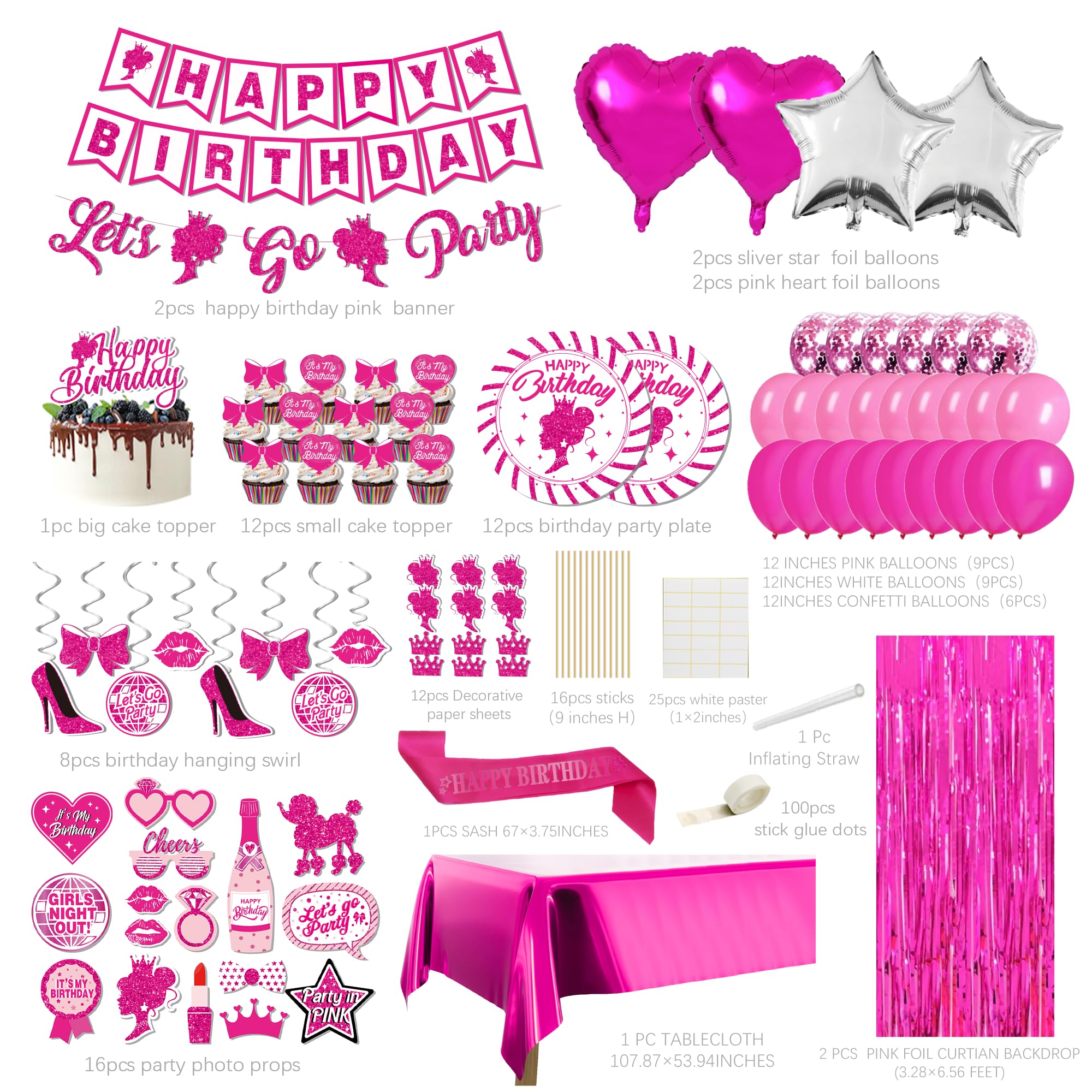 Pink Birthday Party Decorations For Girls - (Total 85Pcs) Pink Glitter Happy Birthday Banner For Her, Hanging Swirl, Foil Backdr