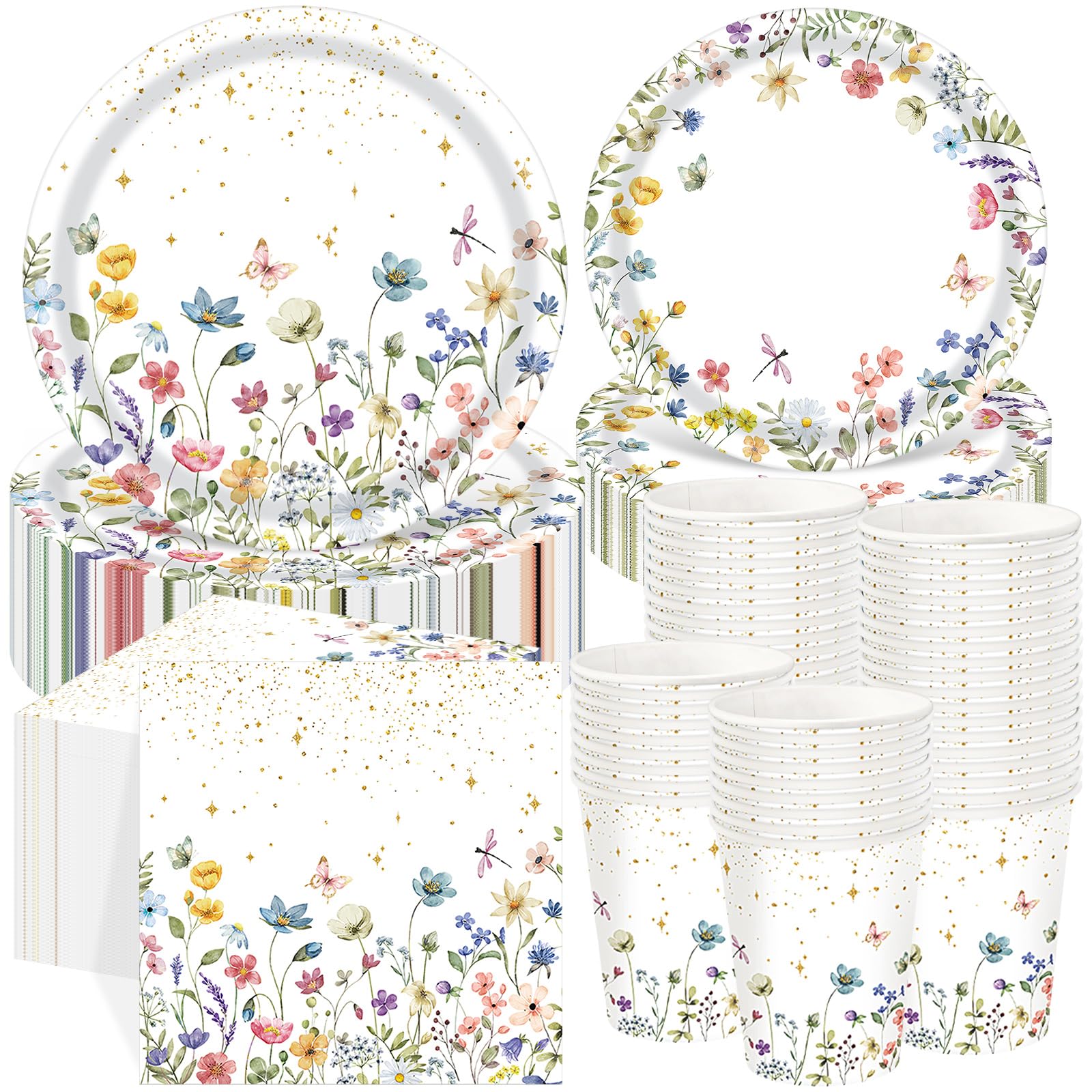 Ziliny 250 Pcs Wildflower Party Decorations Include Spring Summer Floral Paper Plates Napkins and Cups for Wildflower Baby Showe
