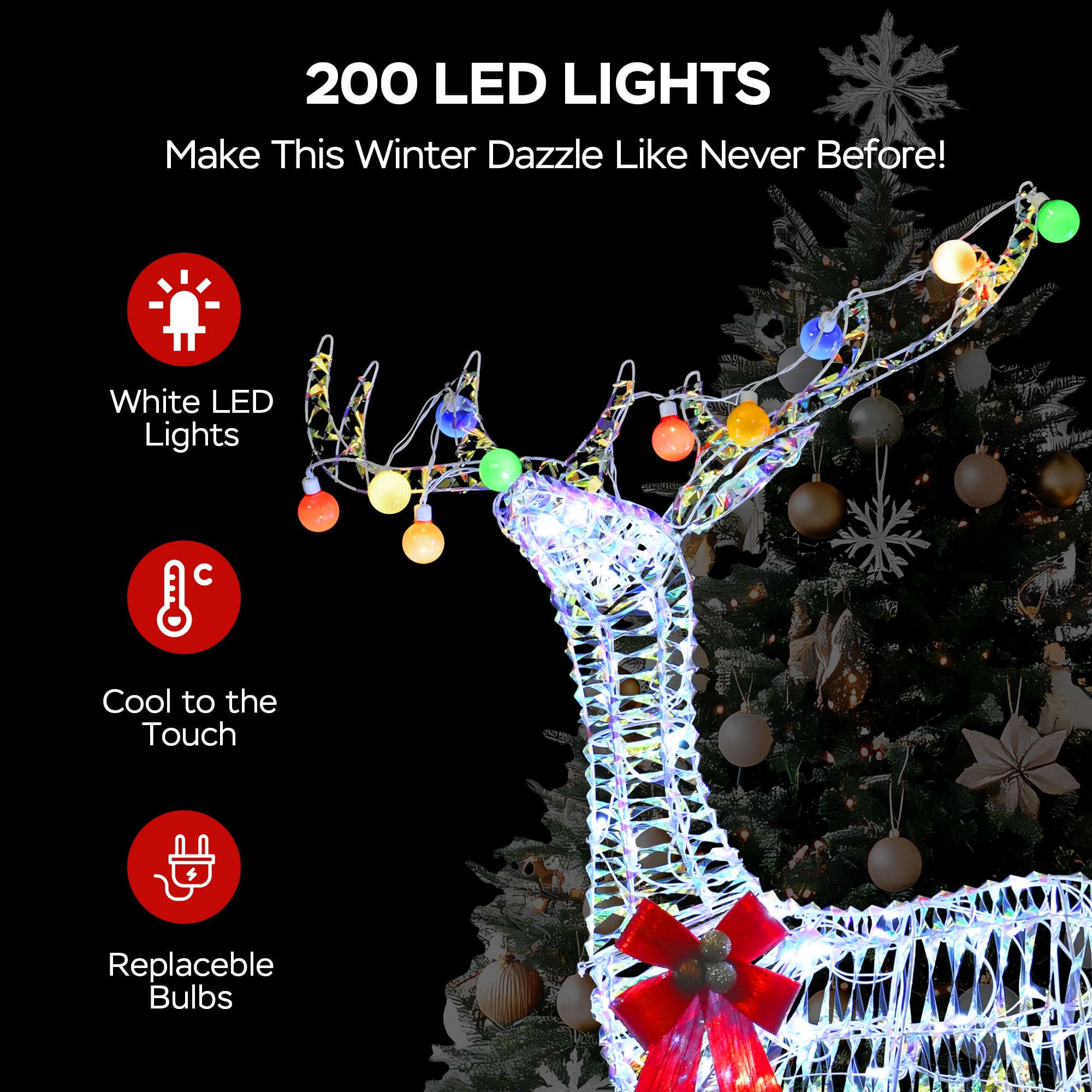 VELTENOVAIRE Outdoor Lighted Reindeer Family Christmas Decor, 52  H Iridescent Deer 3D Holiday Yard Decorations with 200 White L