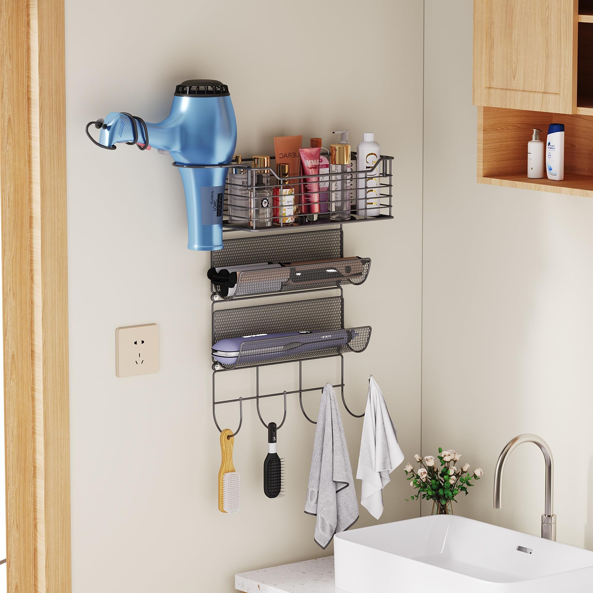 Vitviti Metal Hair Tool Organizer Wall Mount, Hair Dryer Holder With 3 Tier Shelf Basket Hooks, Bathroom Hair Styling Tool Organ