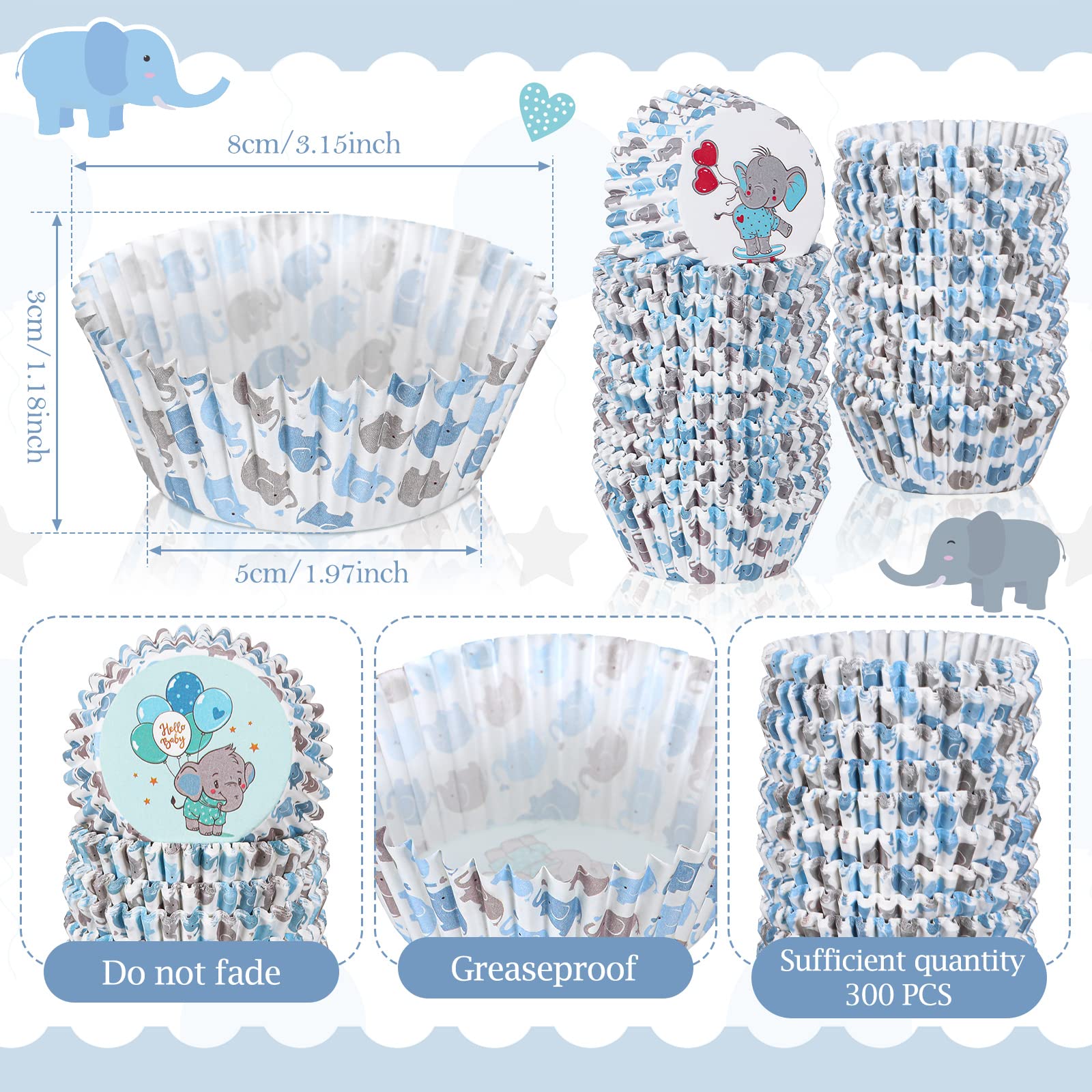 300 Count Baby Shower Cupcake Liners Boy Elephant Muffin Cups Paper Liners Blue Cupcake Wrappers Baking Cups Baking Liners Holde