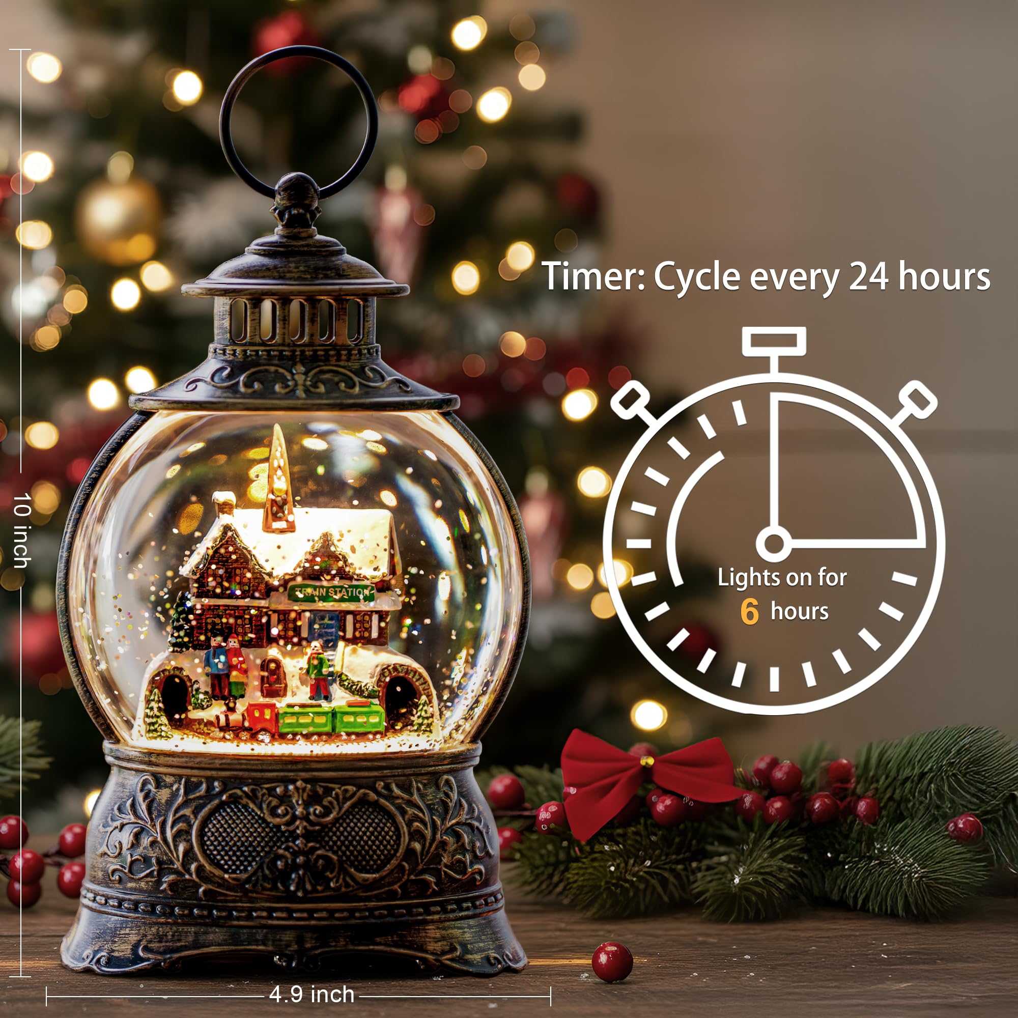 Christmas Village Snow Globe Water Lantern with Train Station Scene Battery Operated or USB Powered Musical Lighted Holiday Deco
