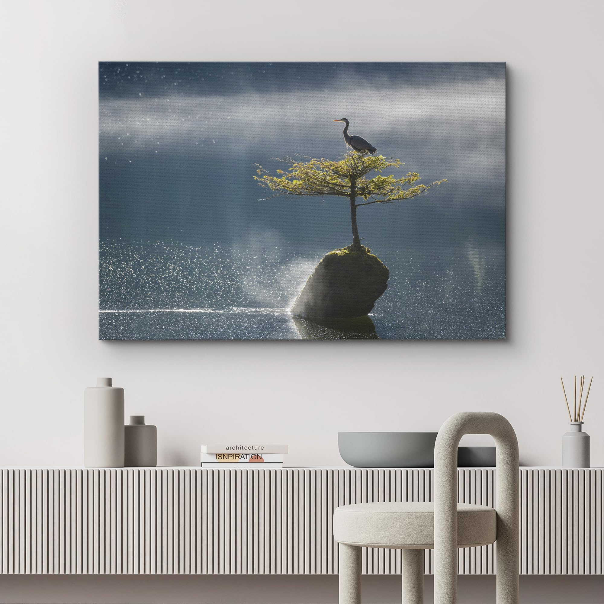 Wall26 Canvas Print Wall Art Solitary Bird On Tree In Misty Lake Animals Photography Realism Rustic Scenic Landscape Wilderness