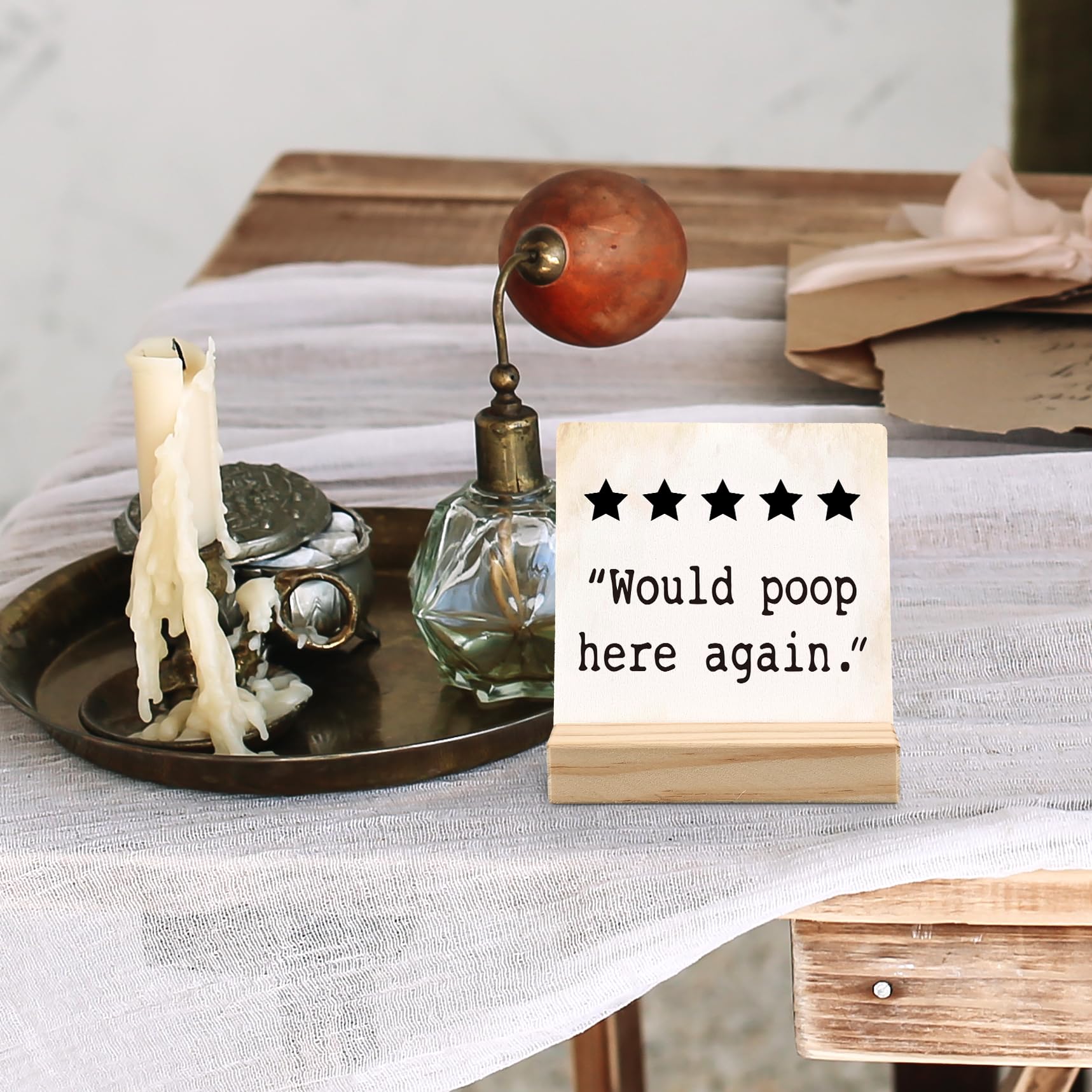 ANIANG Would Poop Here Again Bathroom Desk Decor, Funny Bathroom Signs Wood Plaque, Funny Bathroom Wooden Plaque Sign with Wood