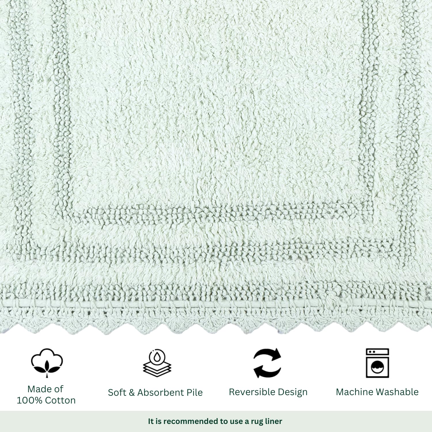 RAJRANG BRINGING RAJASTHAN TO YOU Bath Rug for Bathroom Kitchen Spa with Crochet Cotton Absorbent Soft Reversible Woven Bath Mat Meadow Mist Rectangle 34x21 Inches