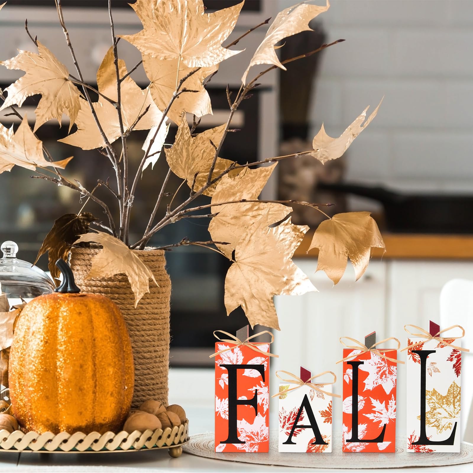Fall Decorations for Home - 4 PCS Wood Fall Lettered Pumpkin Sign Block Set Autumn Centerpieces Decor for Tables Tabletop Desk T