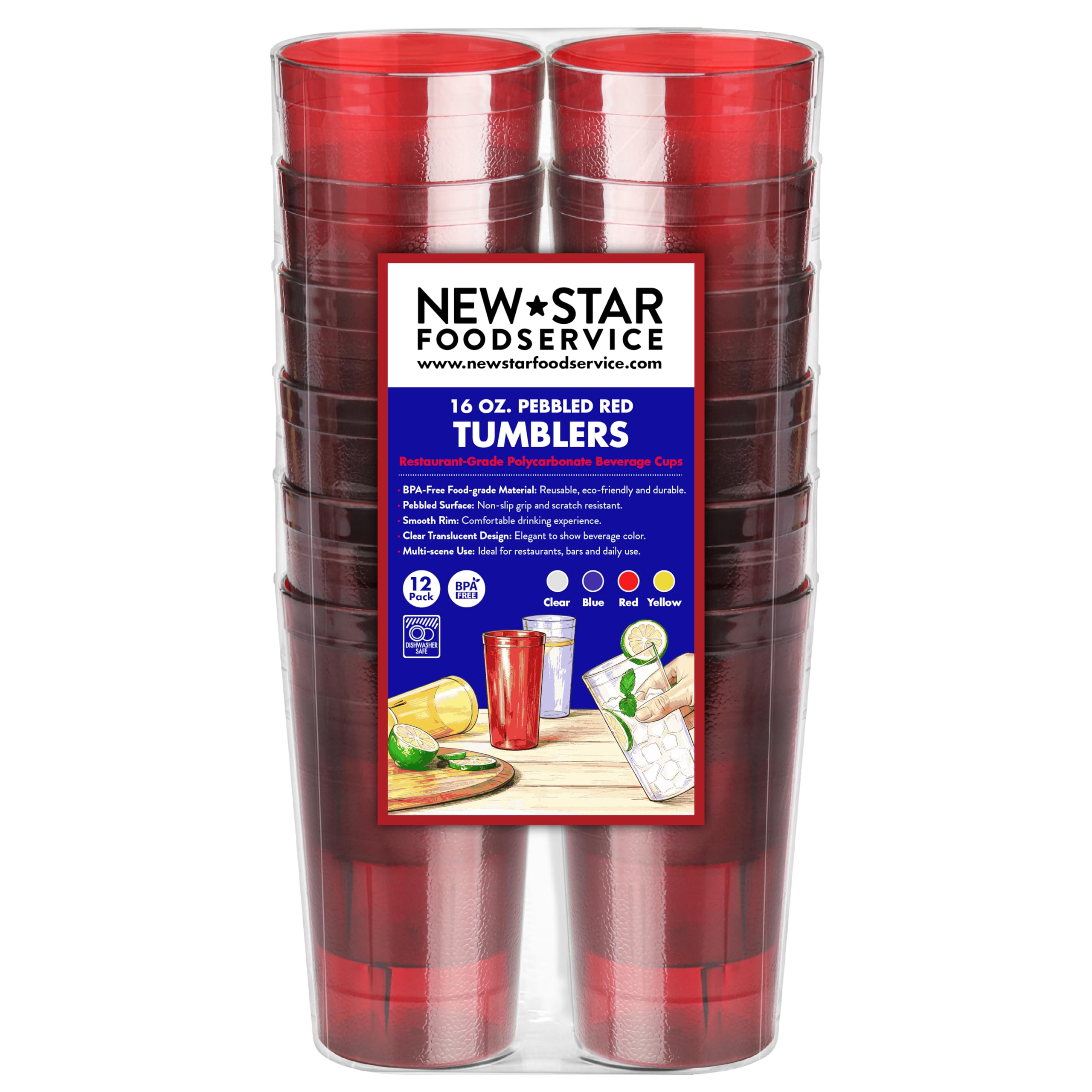 New Star Foodservice Restaurant-Grade Polycarbonate Beverage Tumblers, 16 oz, Red, Set of 12