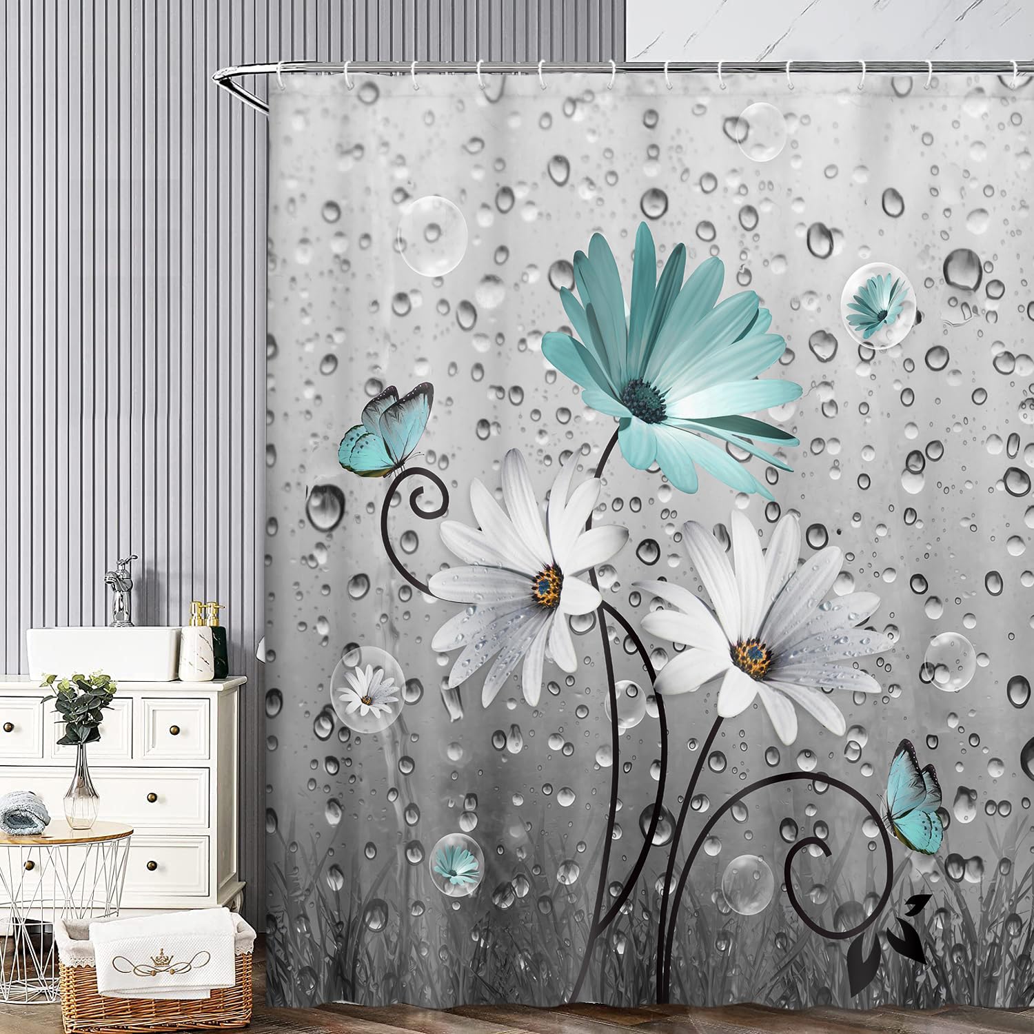 Xguatan Rustic Farmhouse Teal Floral Shower Curtain, Farm Teal Daisy Flowers And Butterfly Shower Curtain For Bathroom, Country