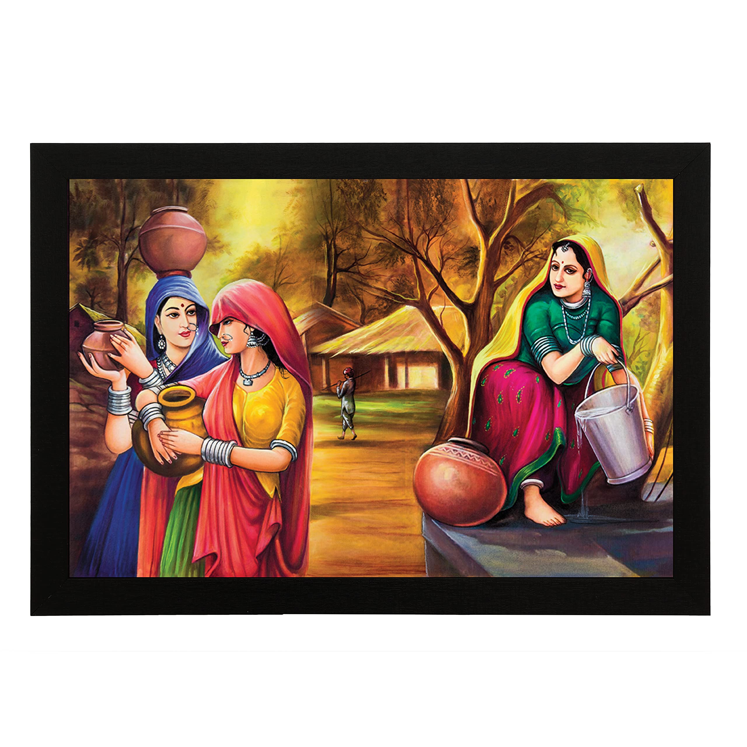 Masstone Vintage Rajasthani Panihari Modern Art Matt Uv Digital Re-Print Framed Wall Painting (Multicolour, 20X14 Inch)