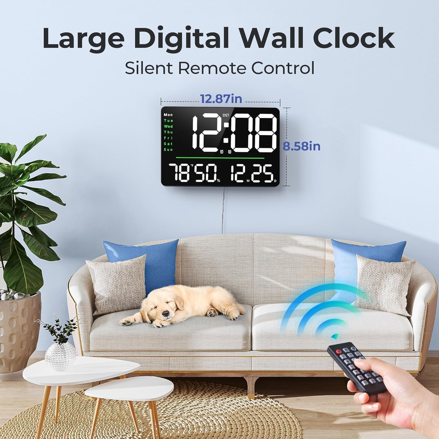 Aerys 16-Inch Digital Wall Clock, Large Led Display With Remote Control, Auto/Custom Dimmer, Temp & Humidity, Dual Alarms, For L