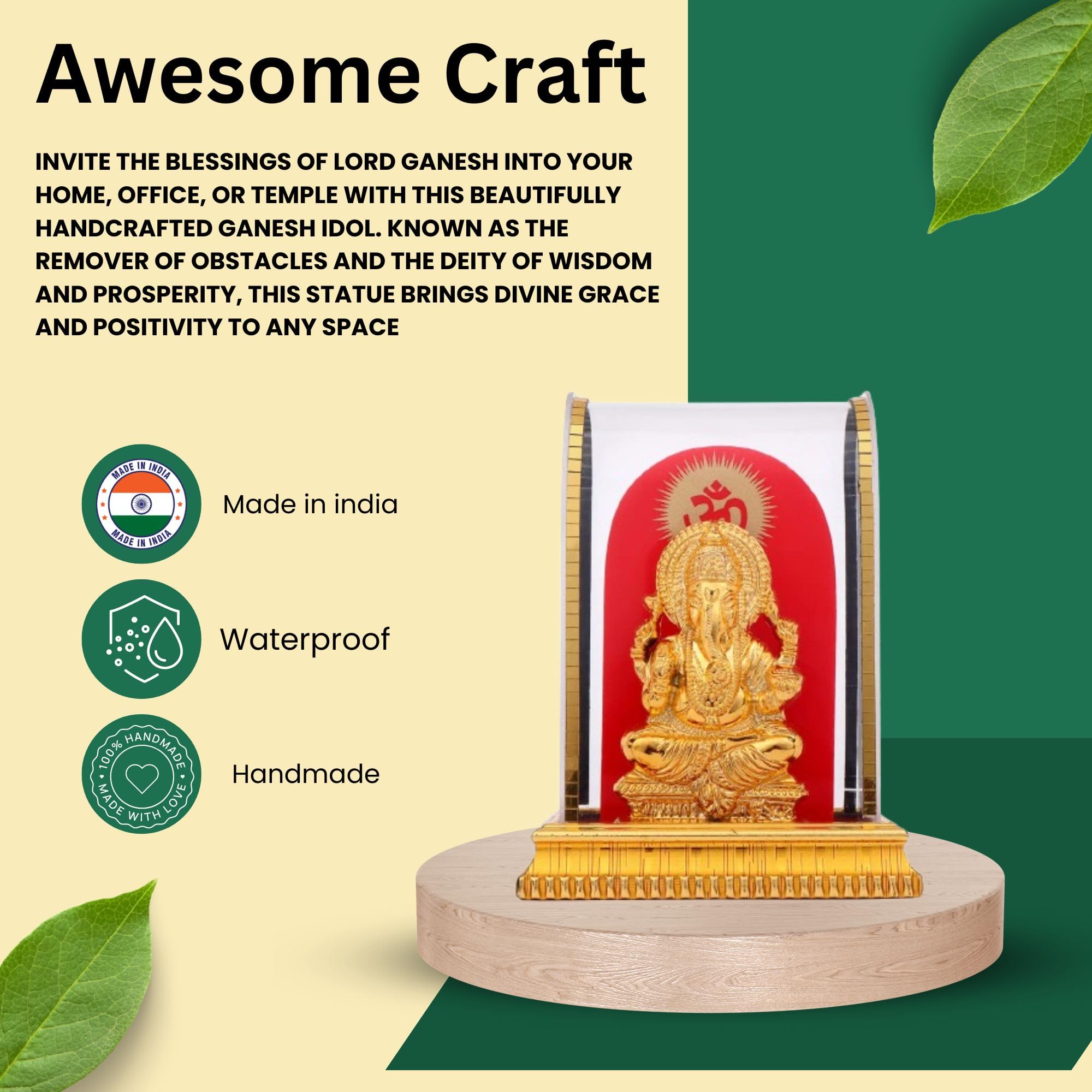 Awesome Craft Lord Ganesh Idol In Acrylic Glass Box For And Figurine Showpiece Decorative Showpiece - 12.5 Cm, Gold, Religious