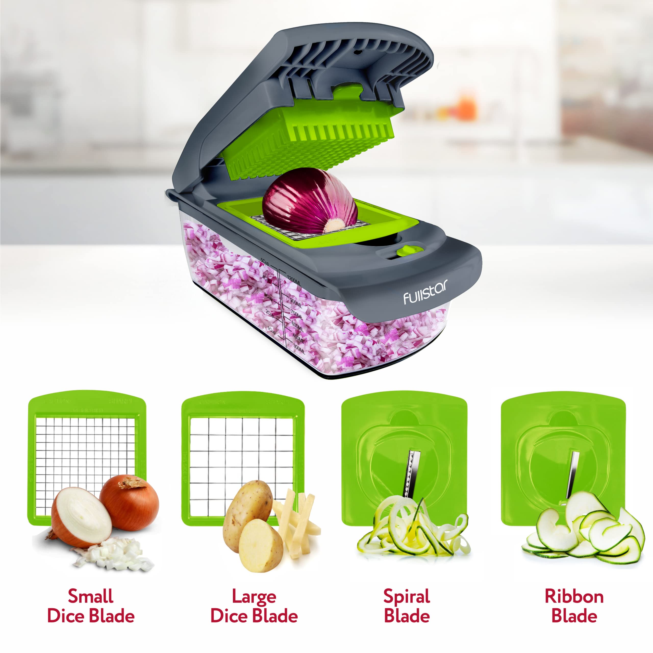 Fullstar Vegetable Chopper - Spiralizer Vegetable Slicer - Onion Chopper with Container - Pro Food Chopper - Green Slicer Dicer Cutter - 4 Blades