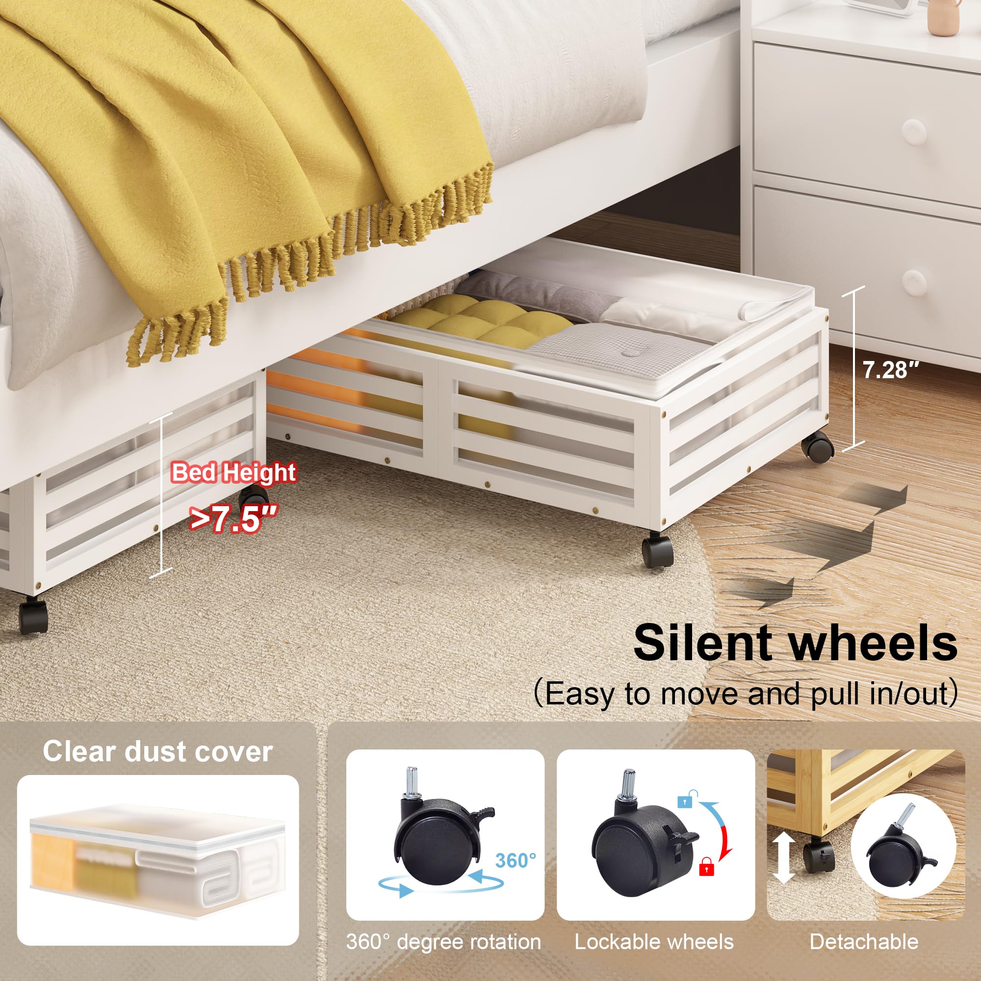 Under Bed Storage Containers - Bamboo Underbed Storage with Dust Bags | Under Bed Storage with Wheels | Stackable Under Bed Shoe