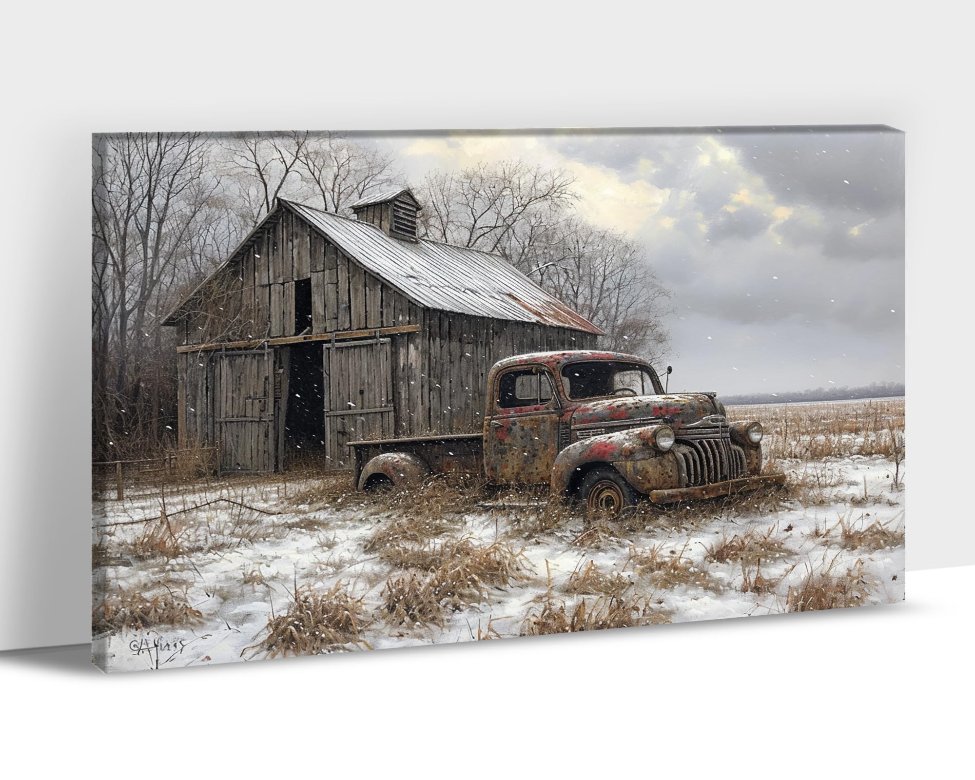 Farmhouse Truck Wall Art, Old Truck Canvas Prints, Barn Picture Wall Art For Vintage Home Decor, Rustic Landscape Canvas Paintin
