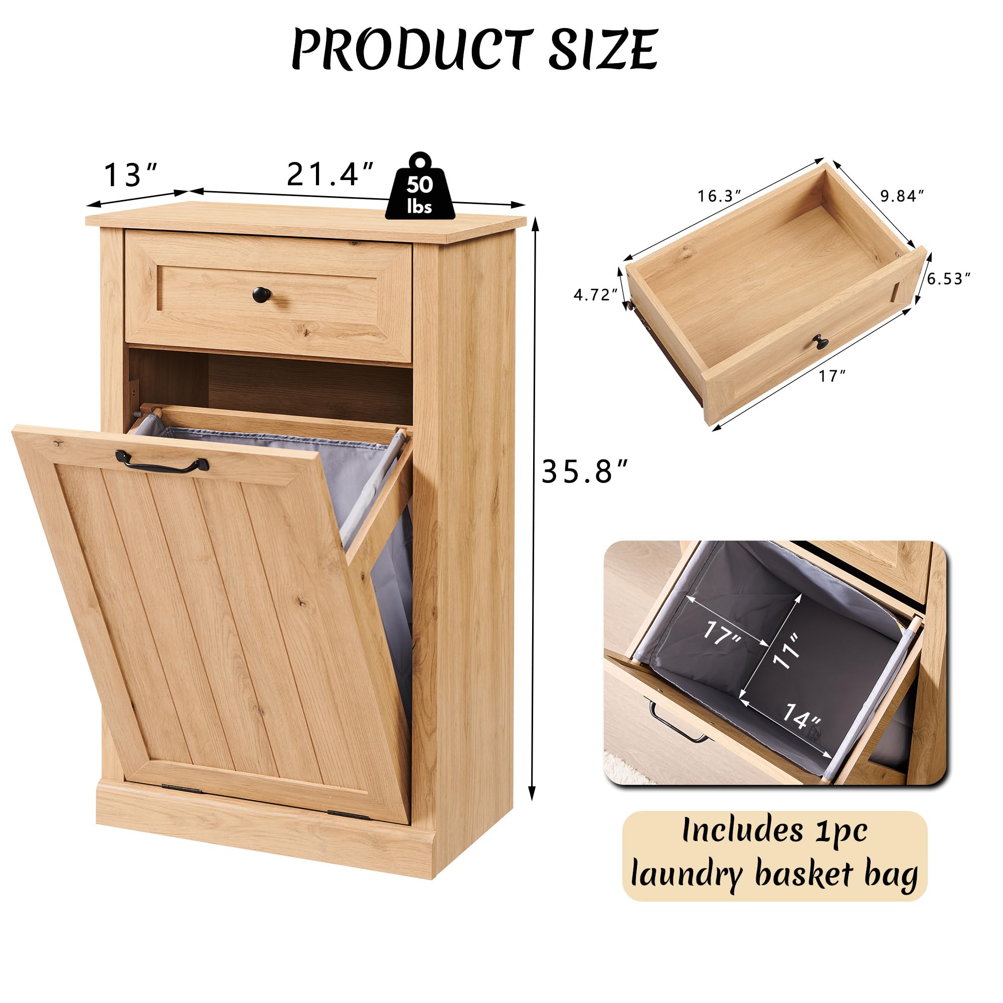 Ifbuy Tilt Out Laundry Hamper Cabinet, 10 Gallon Farmhouse Trash Can Cabinet With Drawer, Hidden Wood Garbage Can Bin Cabinets W