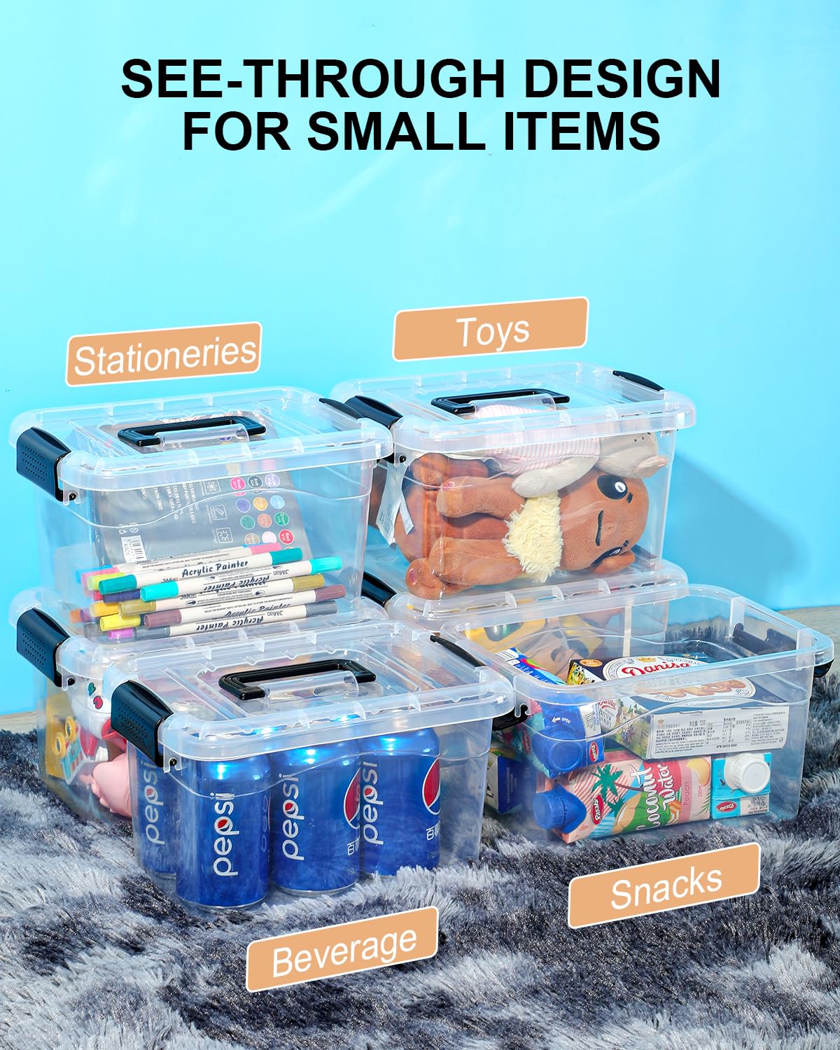 Eoenvivs Plastic Storage Bins With Lids 6 Packs, 7 Quart Storage Organizer Bins With Black Buckle Lids, Stackable Storage Contai