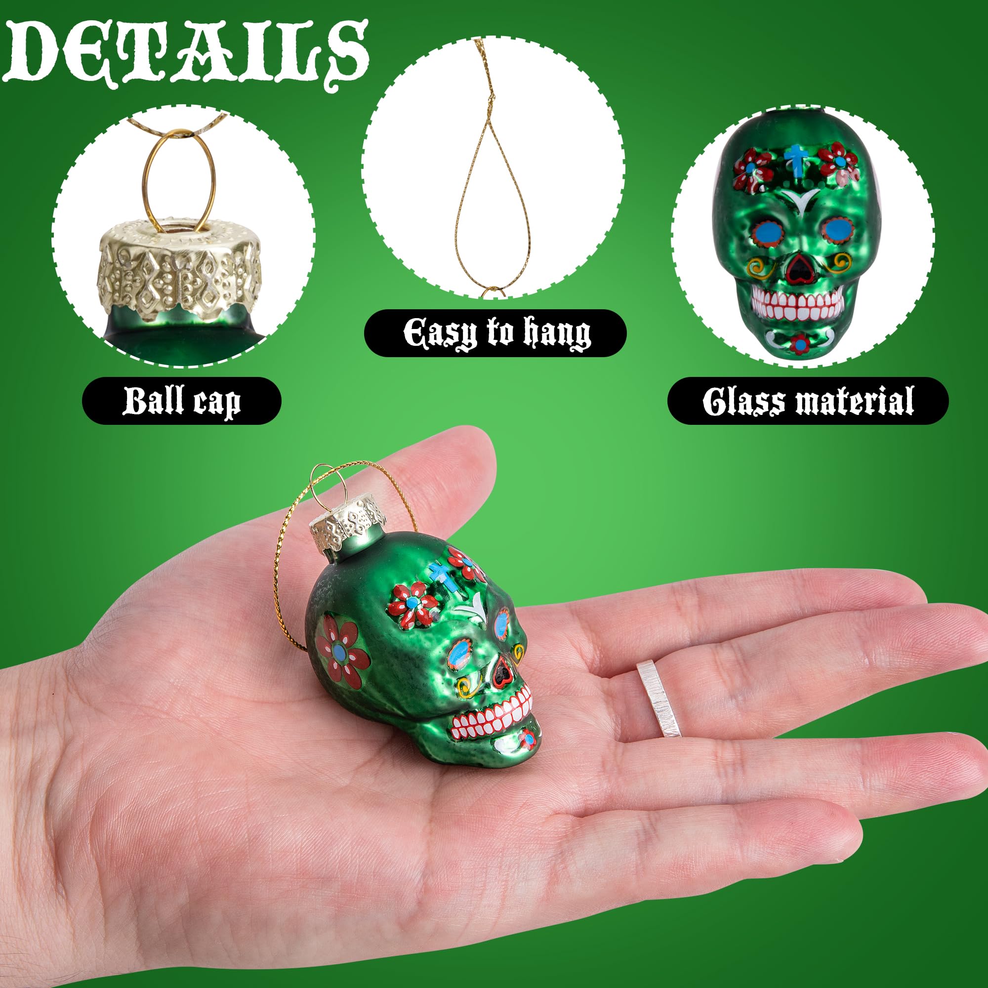 12pcs Day of The Dead Glass Ornaments - Dia De Los Muertos Sugar Skull Ornaments - Halloween Hanging Skeleton Head Ornament for