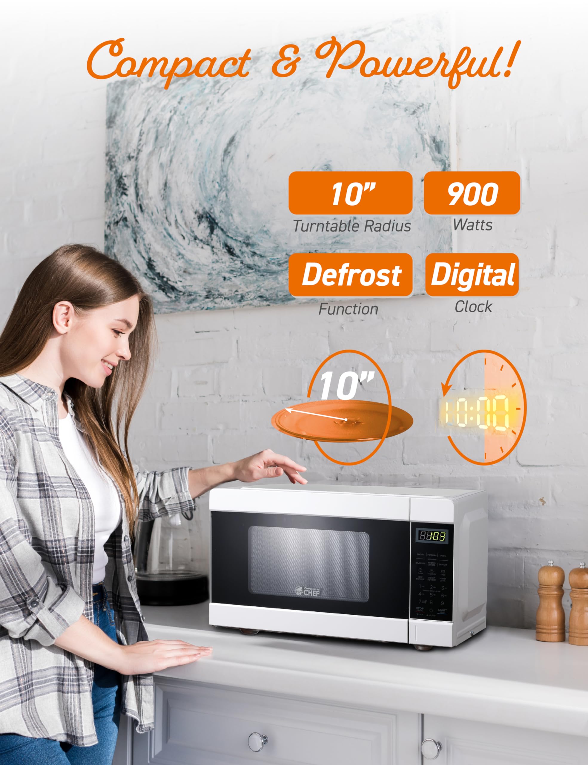 Commercial Chef 0.9 Cu Ft Microwave With 10 Power Levels, Push Button And Child Lock, 900 Watt Microwave With Digital Controls,