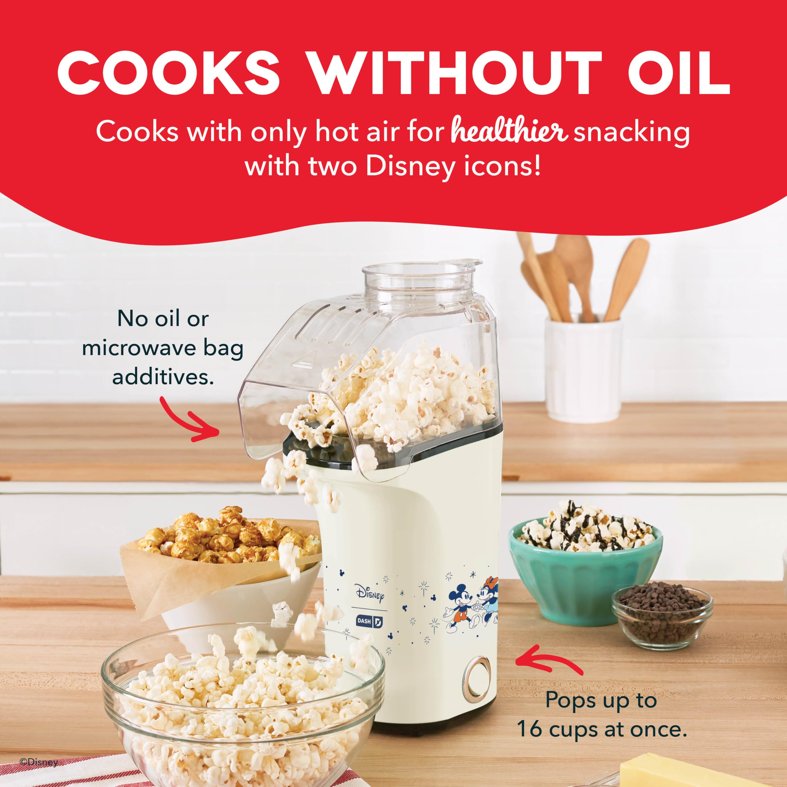 Disney Dash Fresh Pop Popcorn Maker - Oil-Free, Air Popcorn Popper - With Measuring Cup & Recipe Guide - Perfect for Movie Night
