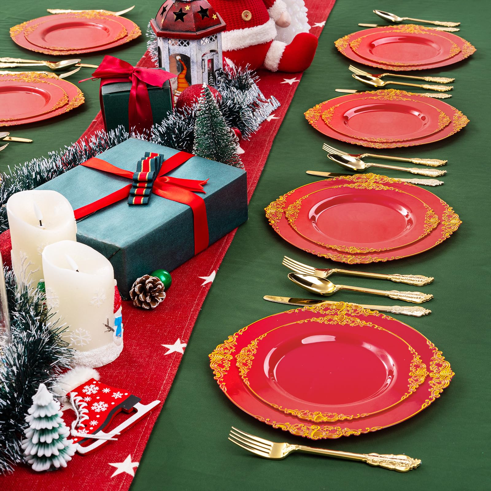 Joyido 102Pcs Red And Gold Plastic Plates - Red Plates Disposable - Red Plastic Plates With Gold Rim Include 51Pcs Dessert Plate