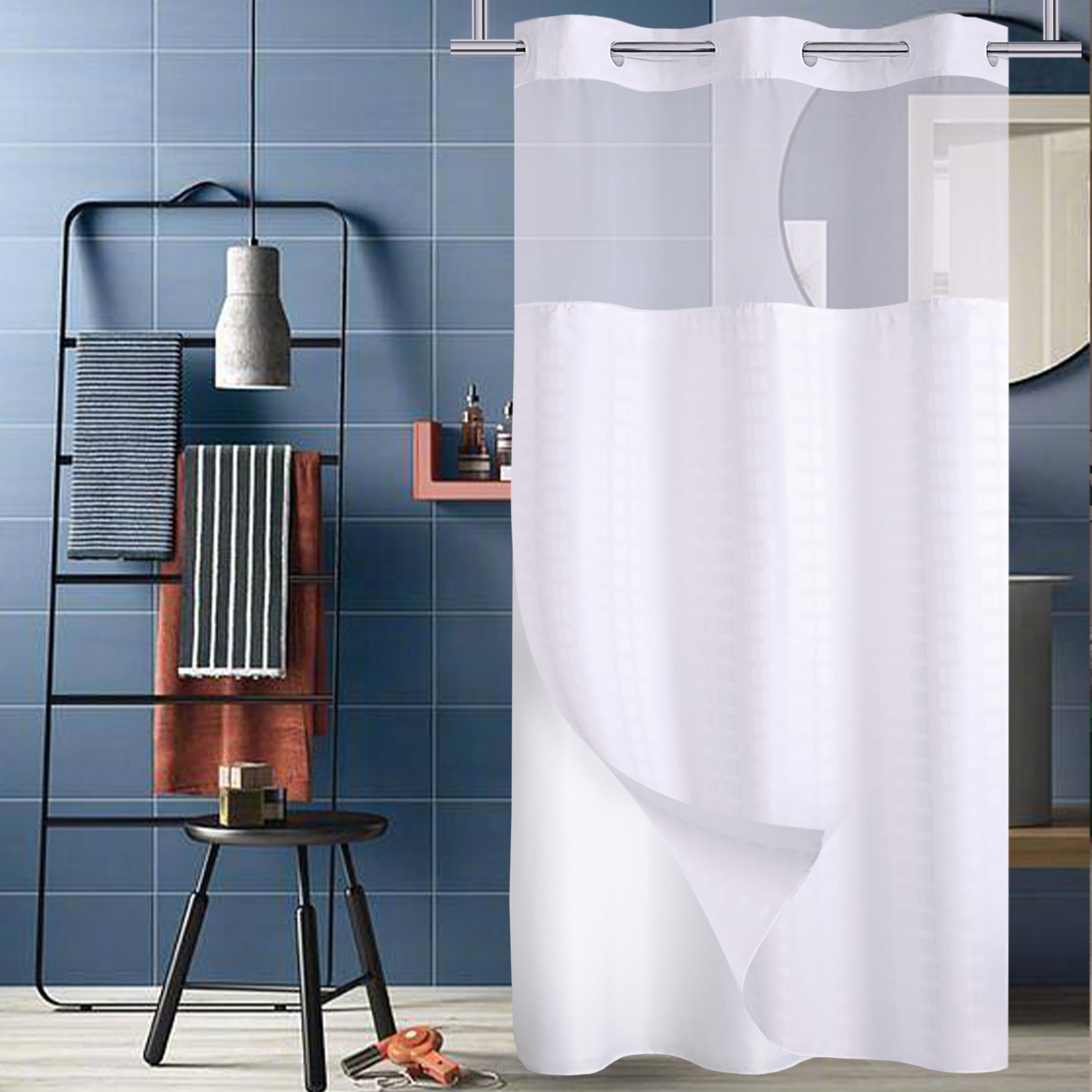Conbo Mio Hotel Grade Fabric Shower Curtain Small Stall White Shower Curtain With Snap In Liner For Bathroom With See Through To
