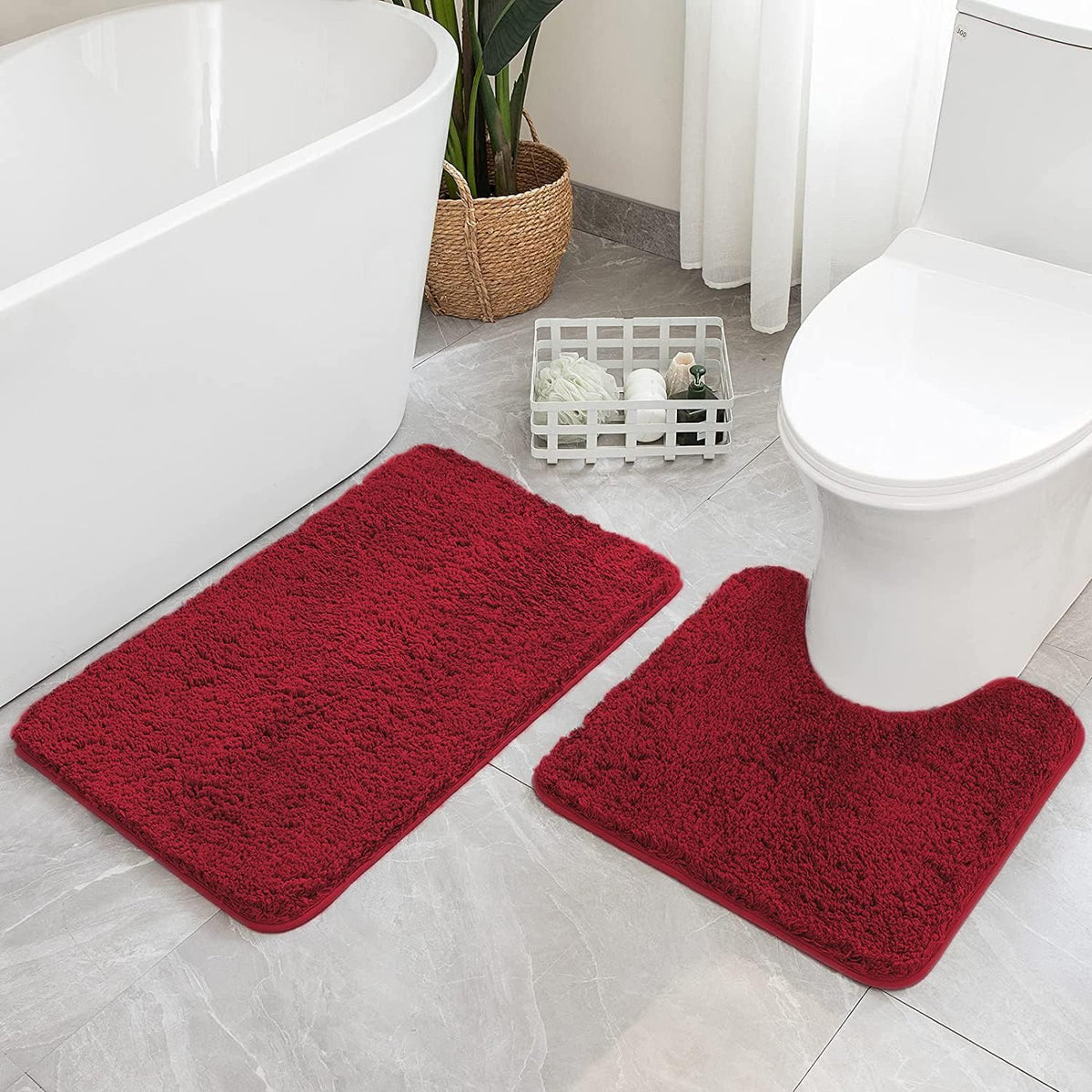 Miulee Christmas Red Microfiber Bathroom Rugs And Mats Sets 2 Pieces Extra Thick Non Slip Bath Mat And U-Shaped Contour Toilet R