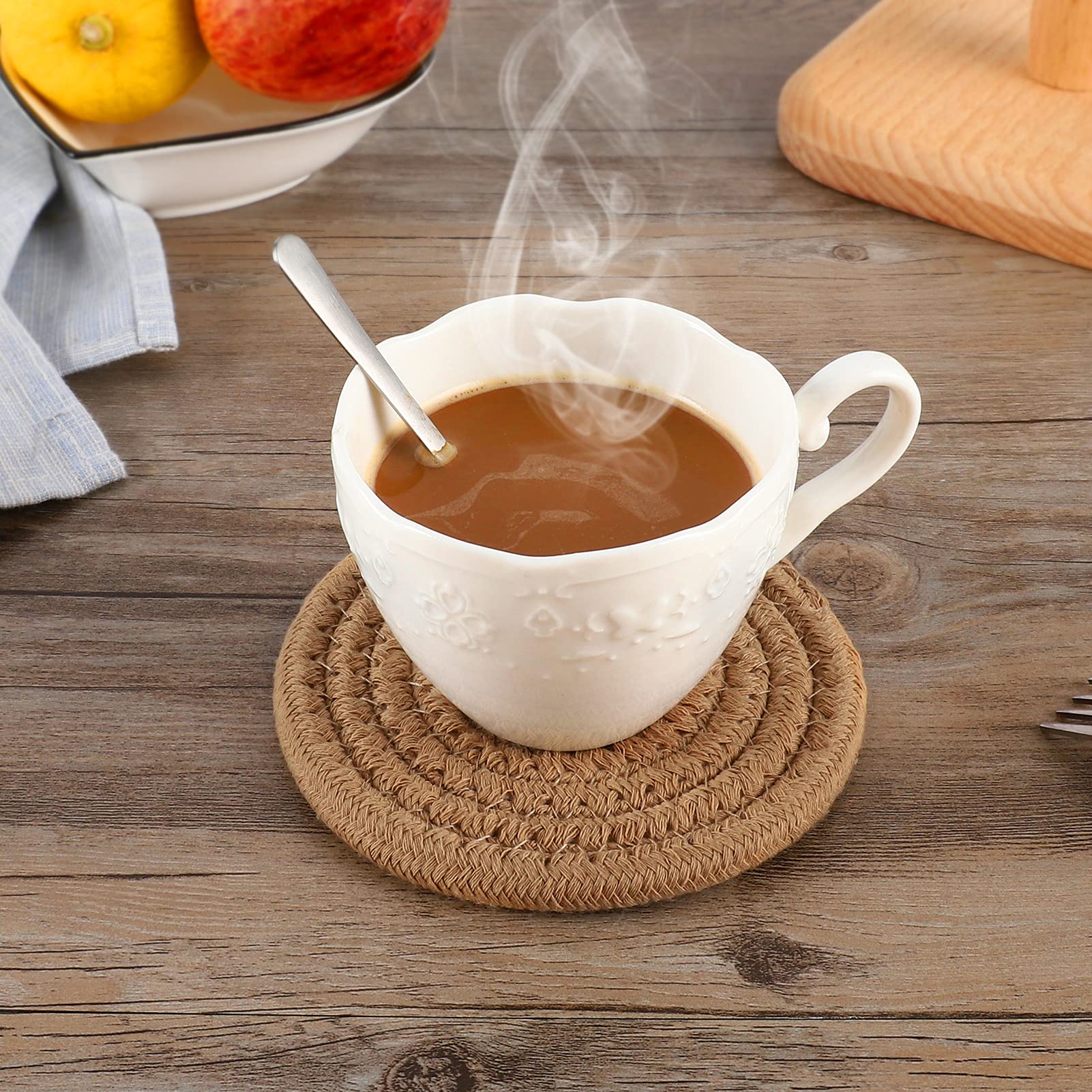 ABenkle 6 Pcs Coasters for Drinks Super Absorbent Drink Coasters  Stylish Handmade Round Woven Coasters for Coffee Table Tabletop Protection Housewarming Gift Home Decor - 4.3 Inches  Brown