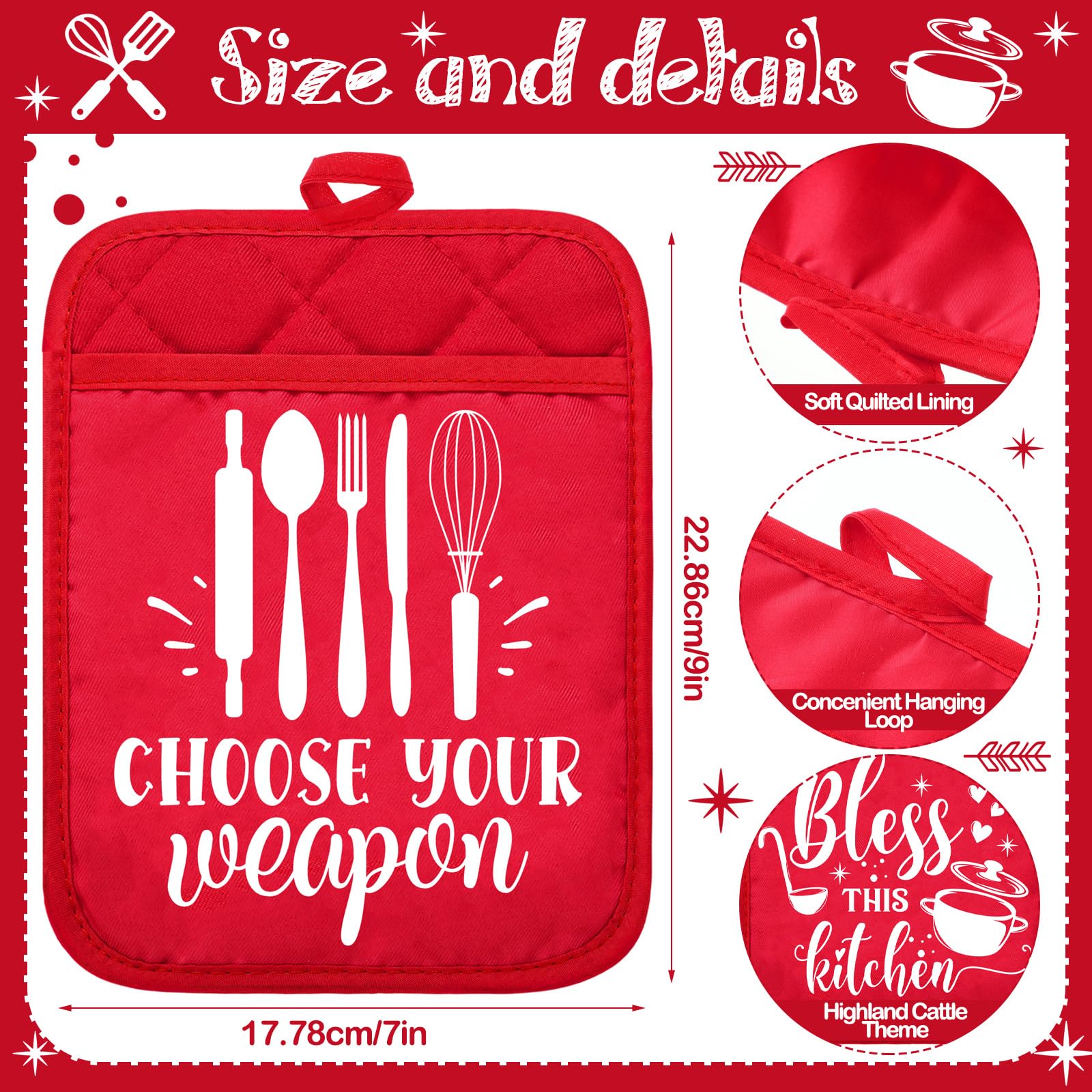 Jingmore 12 Pcs Funny Kitchen Pot Holders with Pocket Teacher Appreciation Gift Baking Potholder for Kitchen Hot Pads Oven Mitts