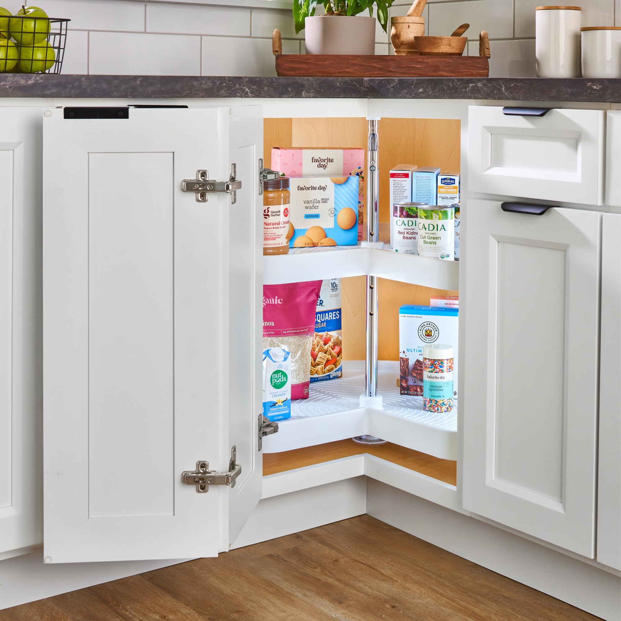 Rev-A-Shelf 2472-28-11-1 28 Inch Polymer Kidney 2 Shelf Lazy Susan Upper Kitchen Cabinet Storage Organizer With Telescoping Shaf