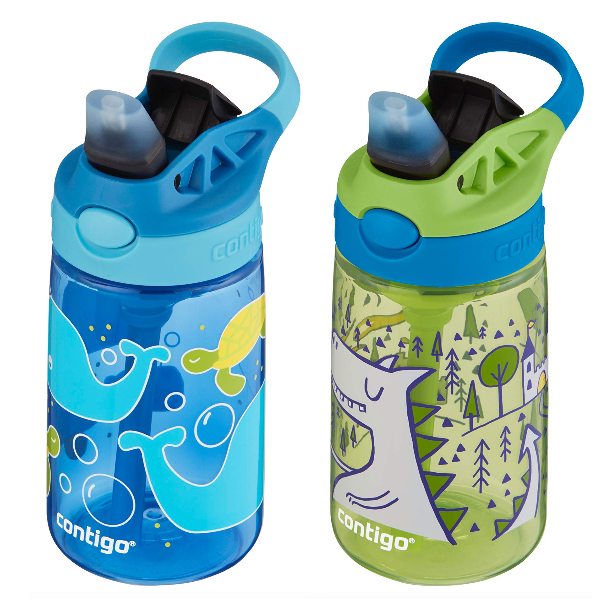 Contigo Aubrey Kids Water Bottle with Silicone Straw and Spill Proof Lid, 14oz, 2-Pack, Whales & Dragon, Blue & Green