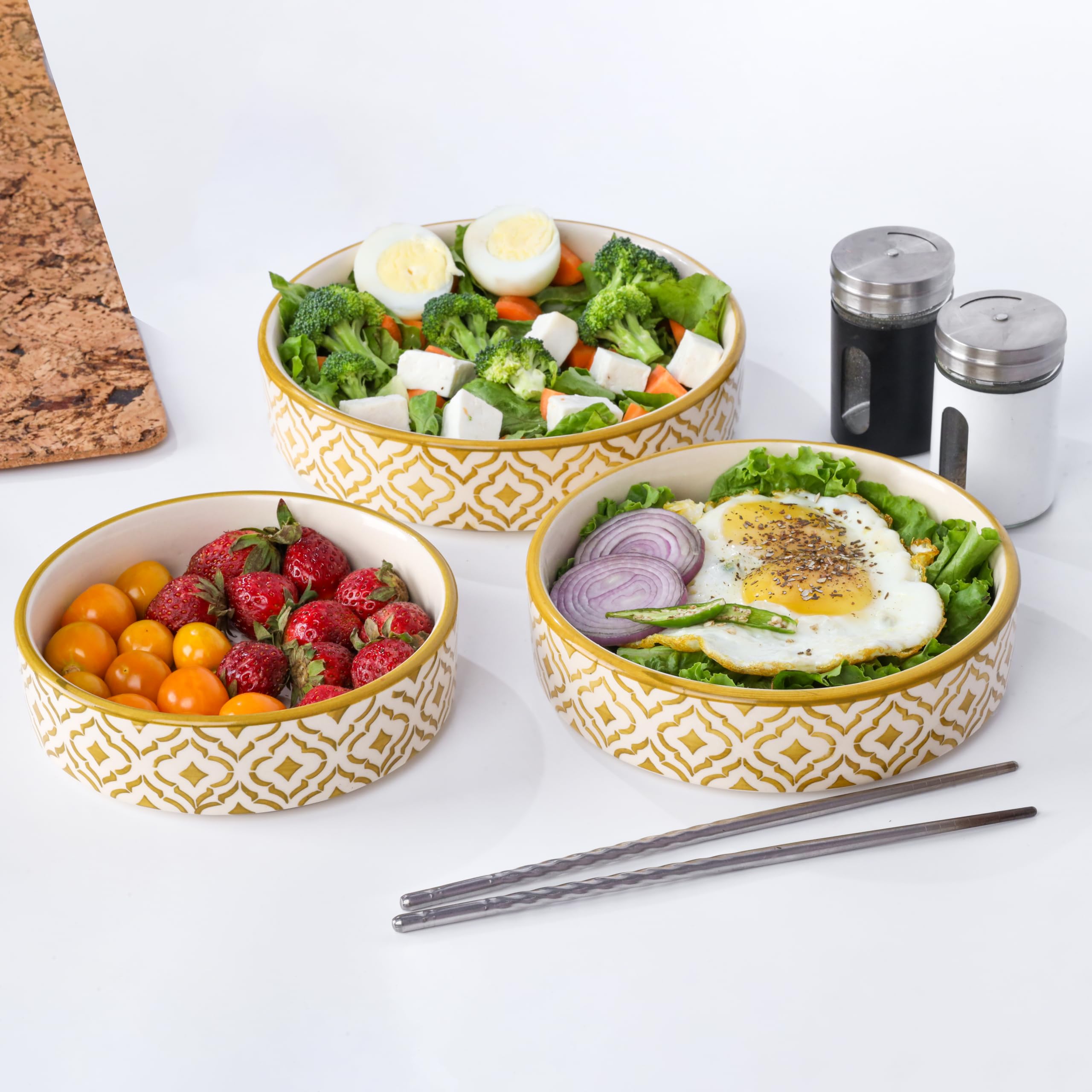 Separate Way Ceramic Flat Deep Serving Bowl Set Of 3, Mix Size - 800Ml, 600Ml, And 500Ml | Glossy Finish | Salad, Snack, Pasta P