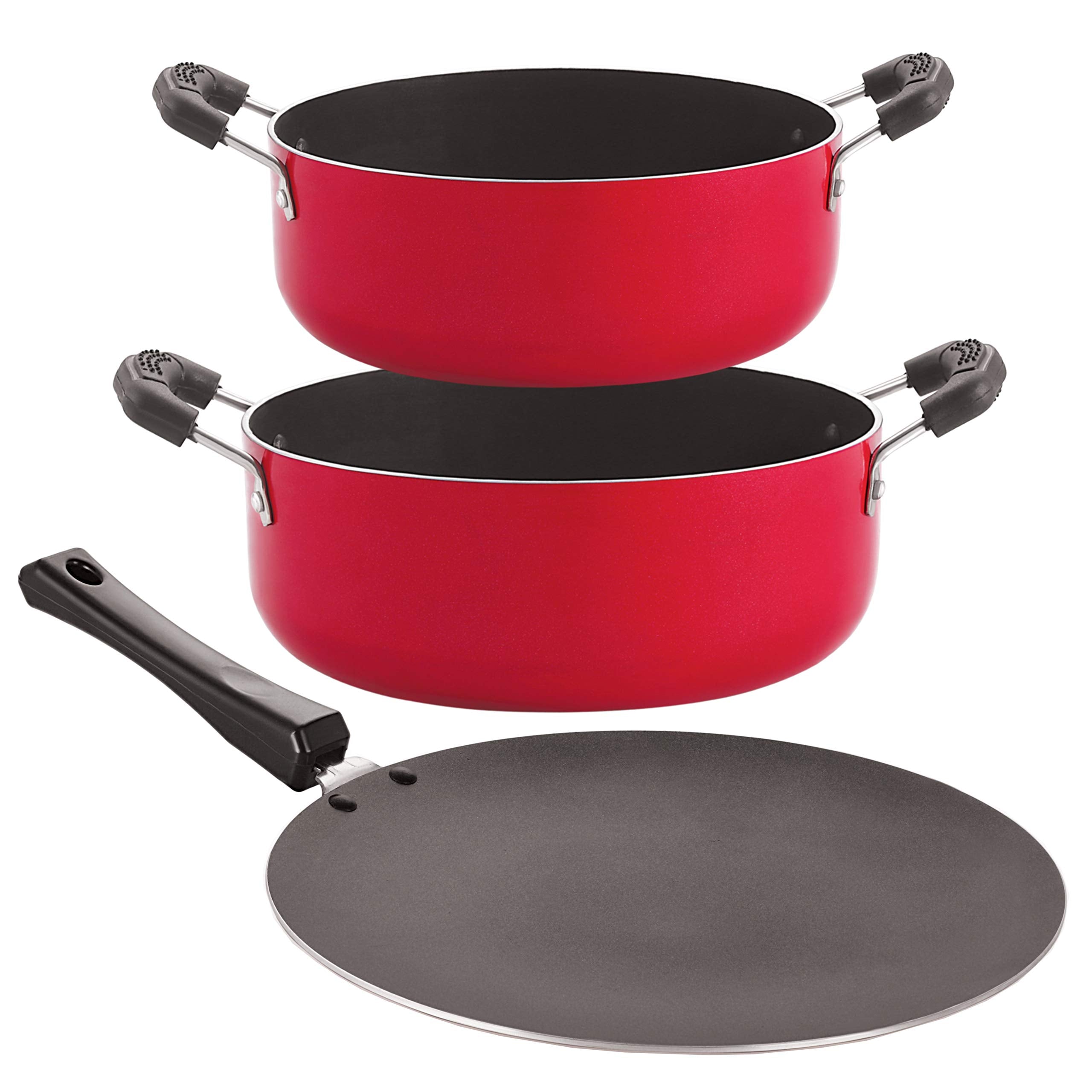 Nirlon Gas Compatible NonStick Aluminium Cookware Set, 3Pieces, Red/Black (Ct11_Cs26_Cs24)