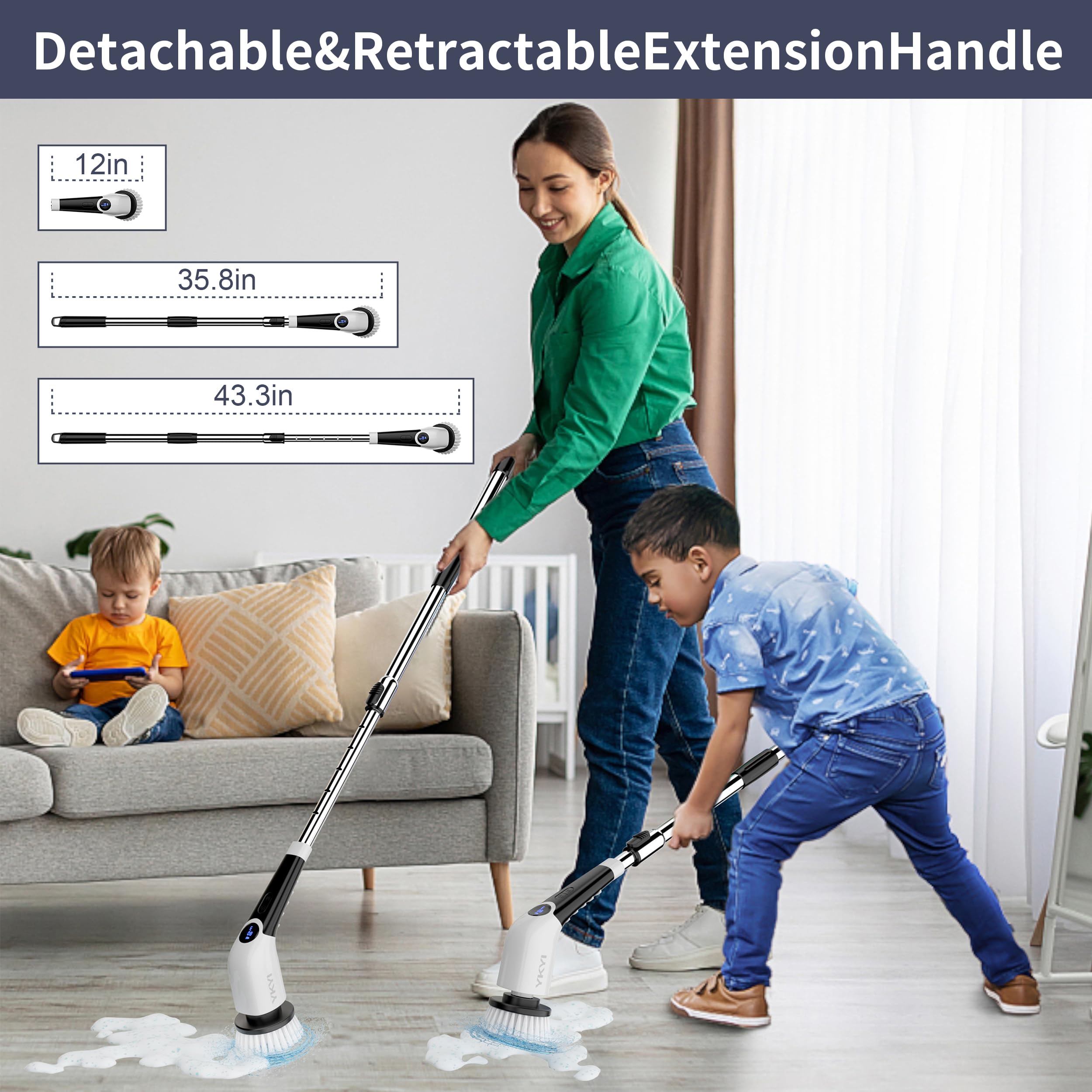 YKYI Electric Spin Scrubber Cordless Cleaning Brush Shower Cleaning Brush with 8 Replaceable Brush Heads  Power Scrubber 3 Adjustable Speeds Adjustable & Detachable Long Handle Voice Broadcast