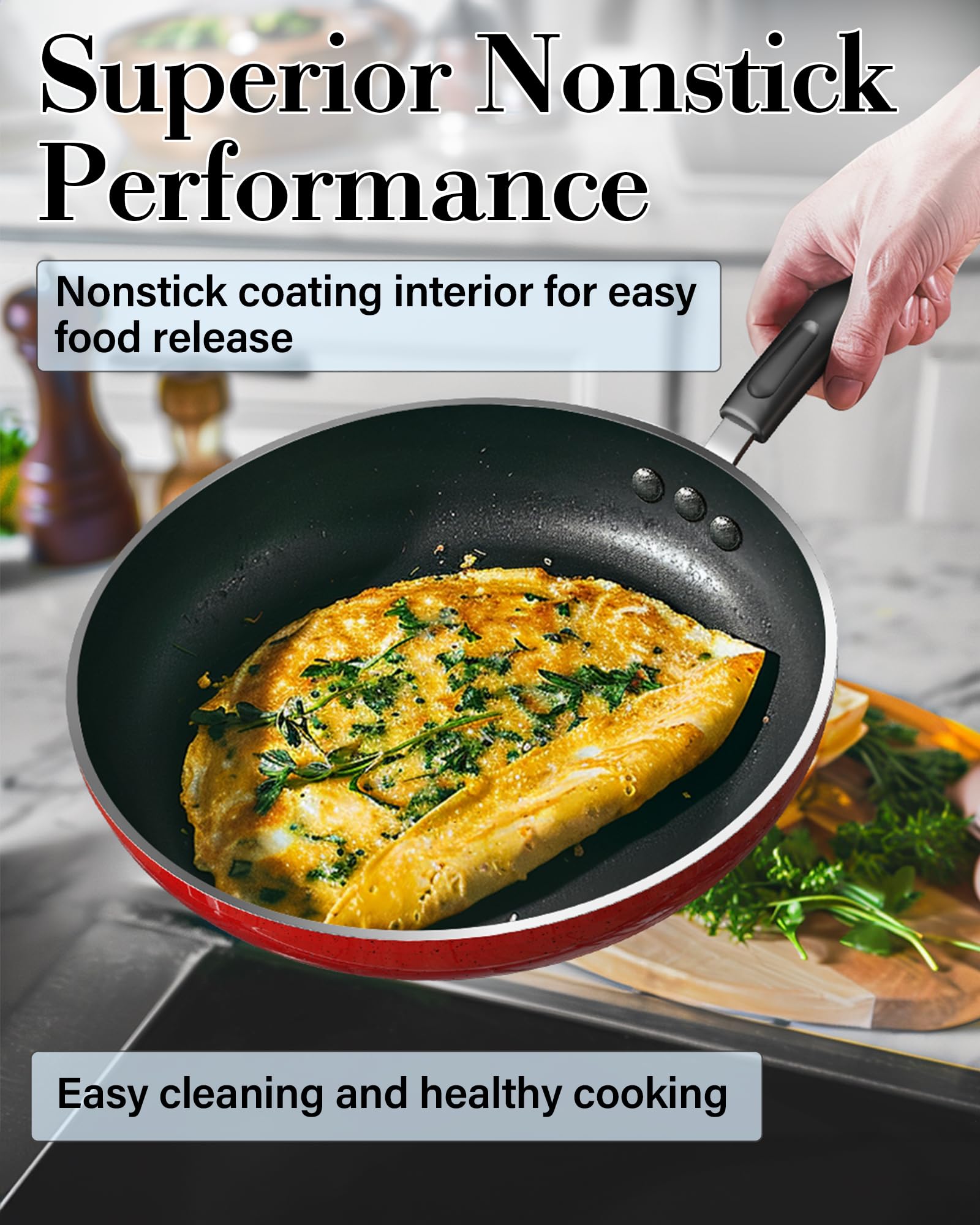 Cook N Home Nonstick Frying Pans Set 3 Piece, 8, 9.5, 11-Inch Kitchen Cooking Skillets Saute Fry Pan Induction Compatible, Marbl