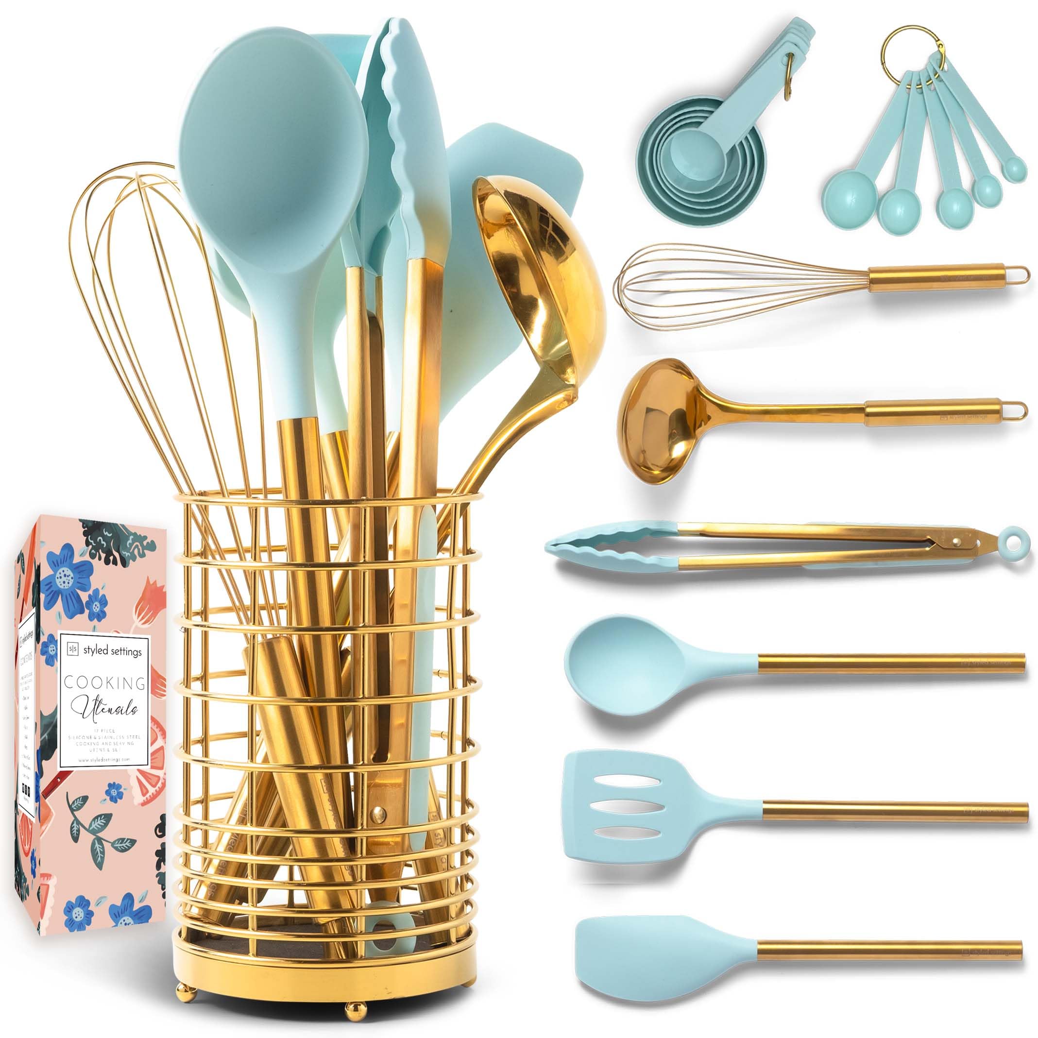 Teal Kitchen Utensils Set With Holder - 17Pc Teal & Gold Cooking Utensils For Nonstick Cookware Includes Gold Utensil Holder - T