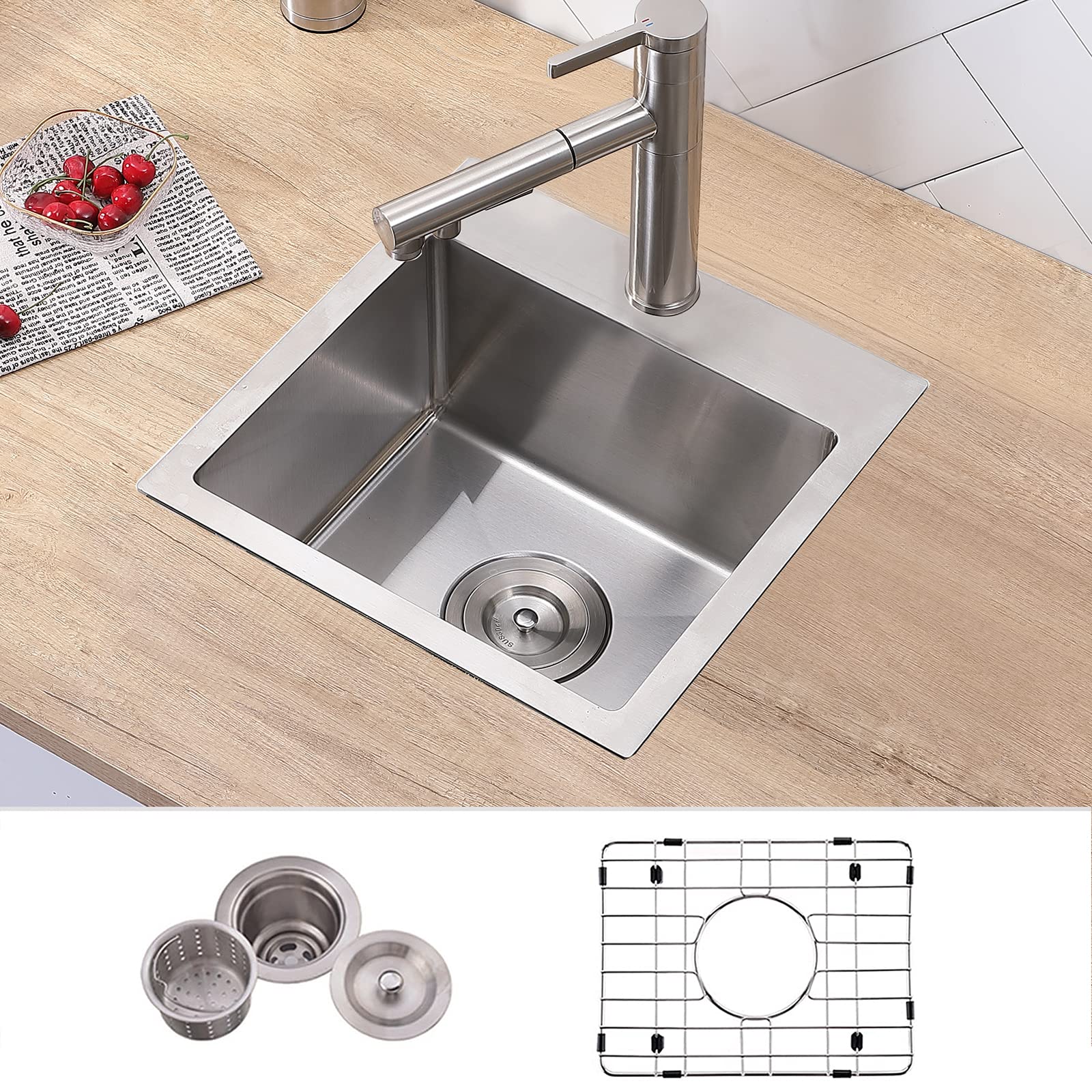 Vccucine Drop In Bar Sink, 15 X 15 Inch Topmount Rv Small Kitchen Sink, Handmade Stainless Steel Wet Bar Sink, Outdoor Single Bo