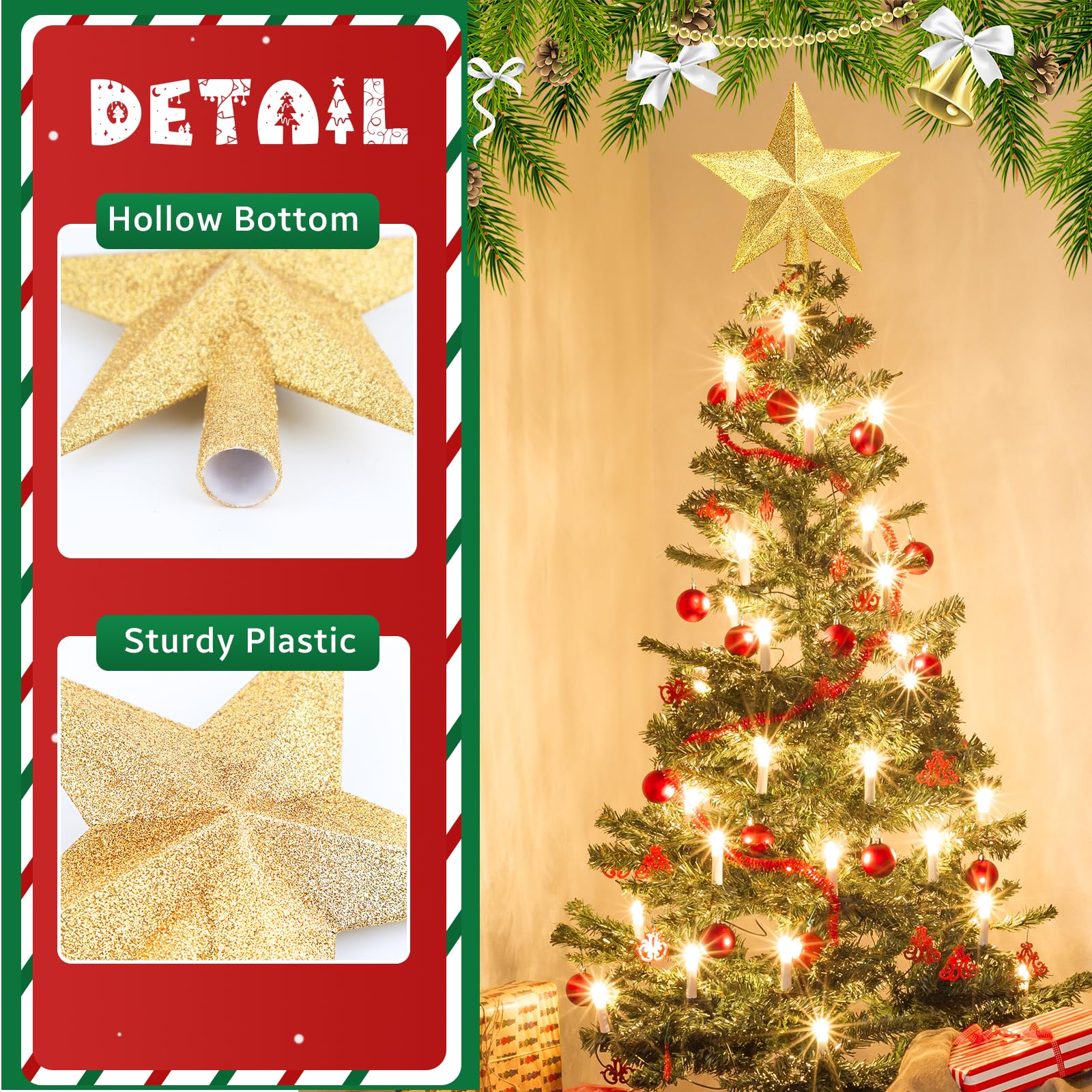 Glitter Christmas Star Tree Topper for Holiday Decorations, Christmas Tree Decoration for Holiday Ornament and Home Decor, Shatt