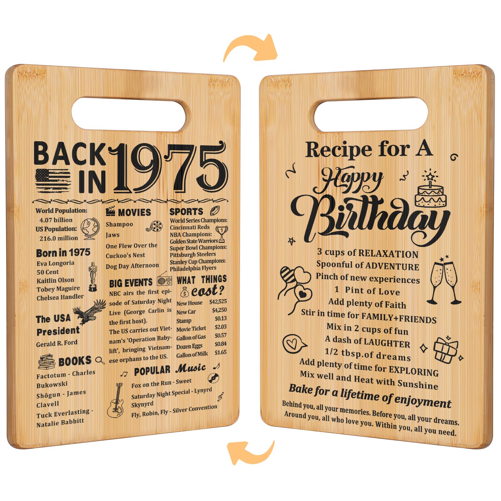 50th Birthday Gifts for Women Men,Back In 1975&Recipe for A Happy Birthday Double sided Cutting Board present for Her Him,50th B