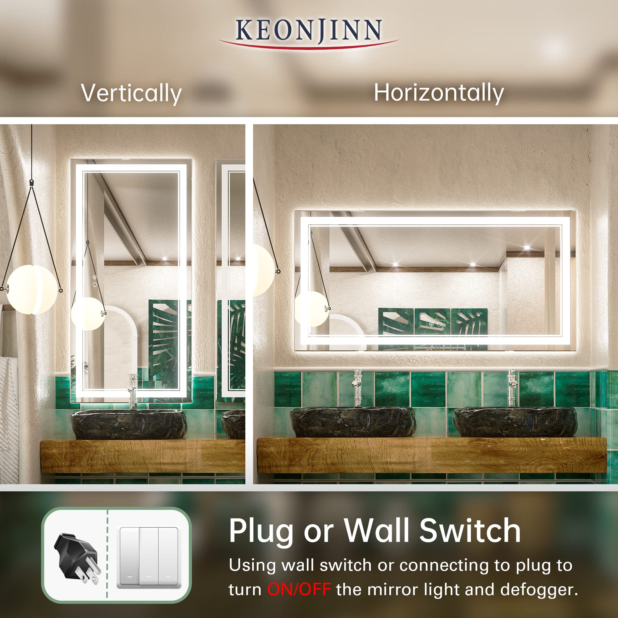 Keonjinn 48 x 24 Inch LED Bathroom Mirror  Lighted Bathroom Mirror with Lights  LED Vanity Mirror  Wall Mounted Anti-Fog Dimmable Frameless Front Light Makeup Mirror  IP54  6000K (Horizontal/Vertical)