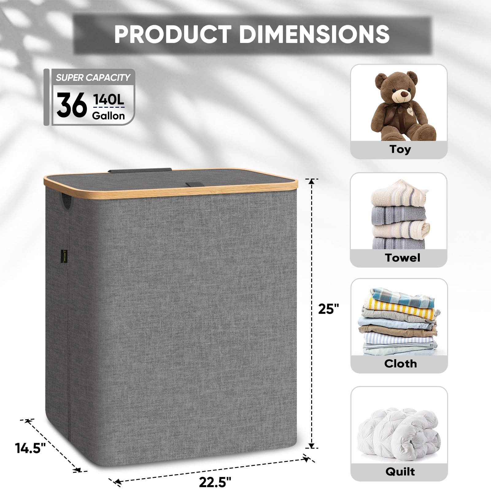 Baleine Laundry Hamper With Lid, Tall Laundry Baskets With Bamboo Pull Handles, Large Laundry Bin With Internal Support (40 Gall