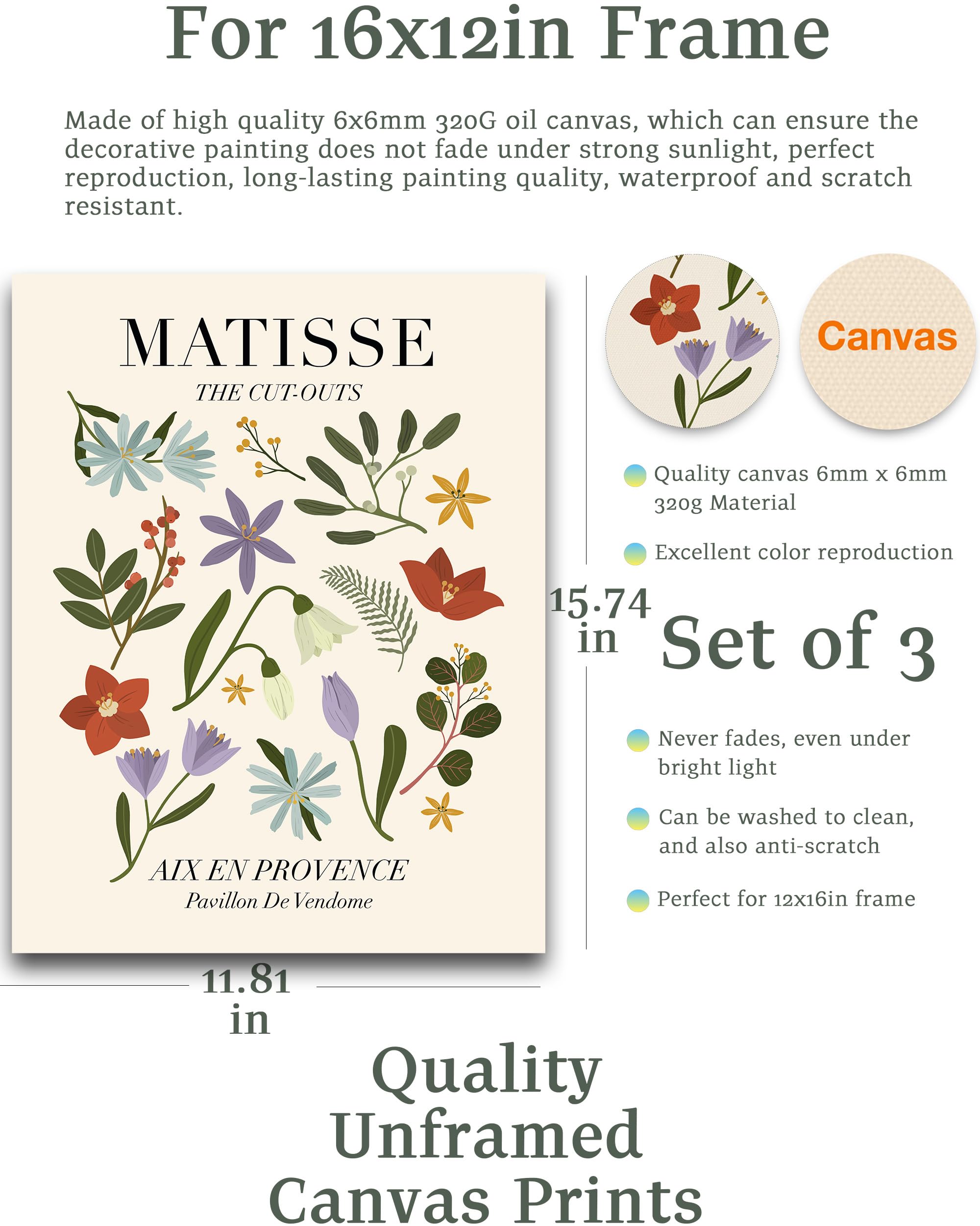 Abstract Matisse Wall Art Decor,Flower Market Prints Set Of 3,Unframed Green Wall Art Exhibition Posters,12X16In Quality Canvas