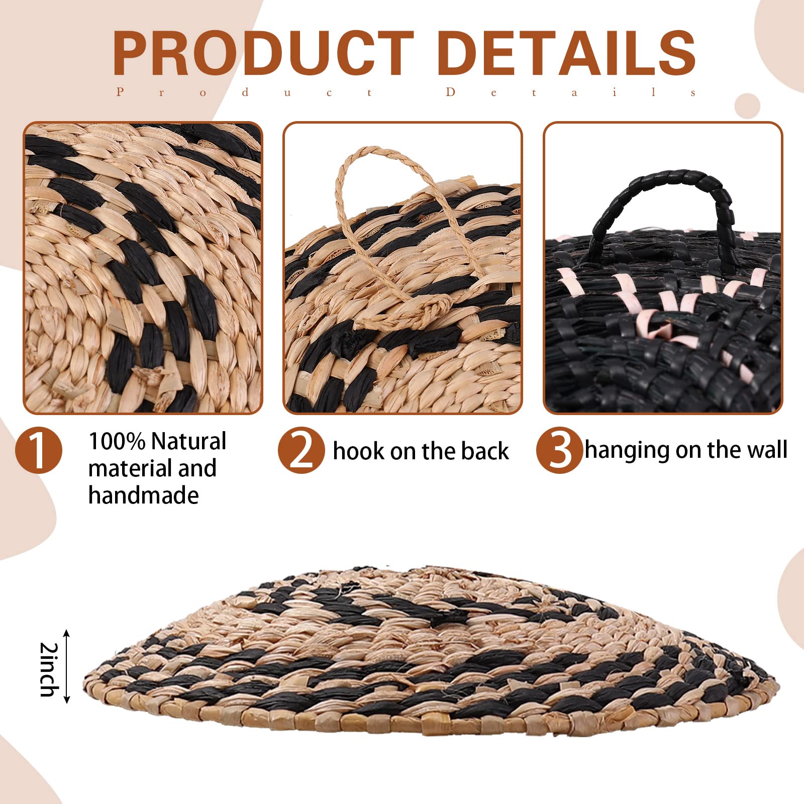Nuenen Set Of 14 Hanging Woven Wall Basket, Boho Basket Wall Decor, Rustic Wall Decor Handcrafted Hanging Kitchen Baskets For Ki